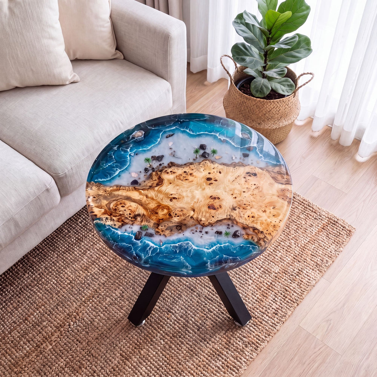 Poplar Blue Epoxy Round Coffee Table-PLSY01(Tabletop with legs)