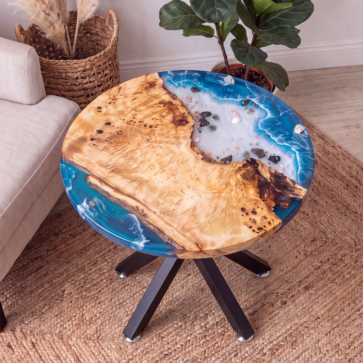Poplar Blue Epoxy Round Coffee Table-PLSY02(Tabletop with legs)