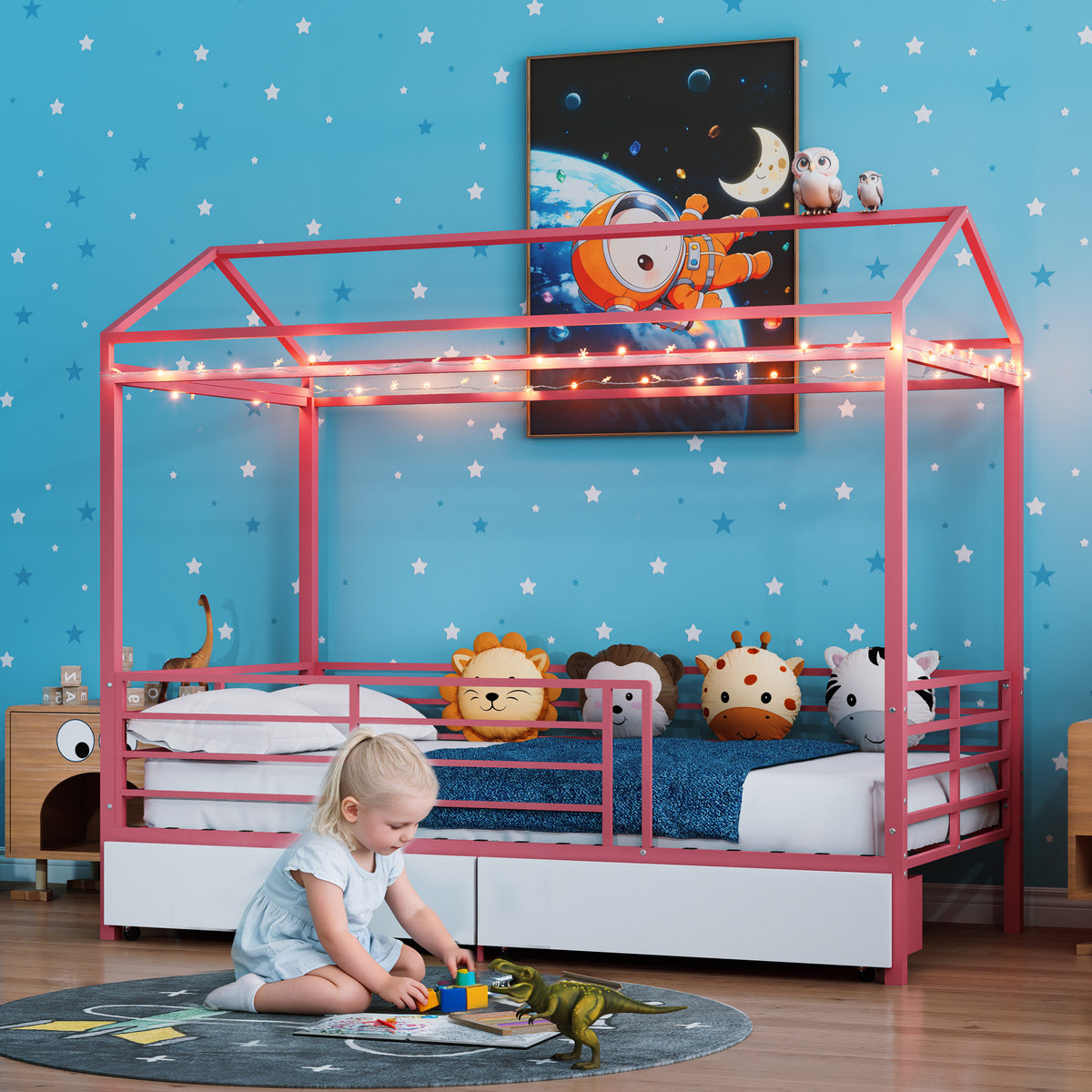 House Bed for Kids,Floor Bed for Boys Girls,Bed Frame with Roof,No Box Spring Needed Pink