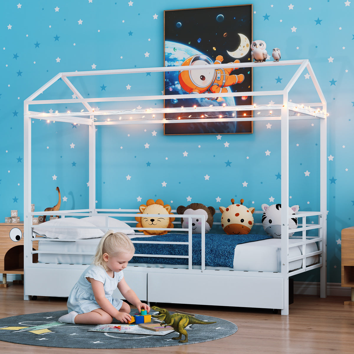 House Bed for Kids,Floor Bed for Boys Girls,Bed Frame with Roof,No Box Spring Needed White