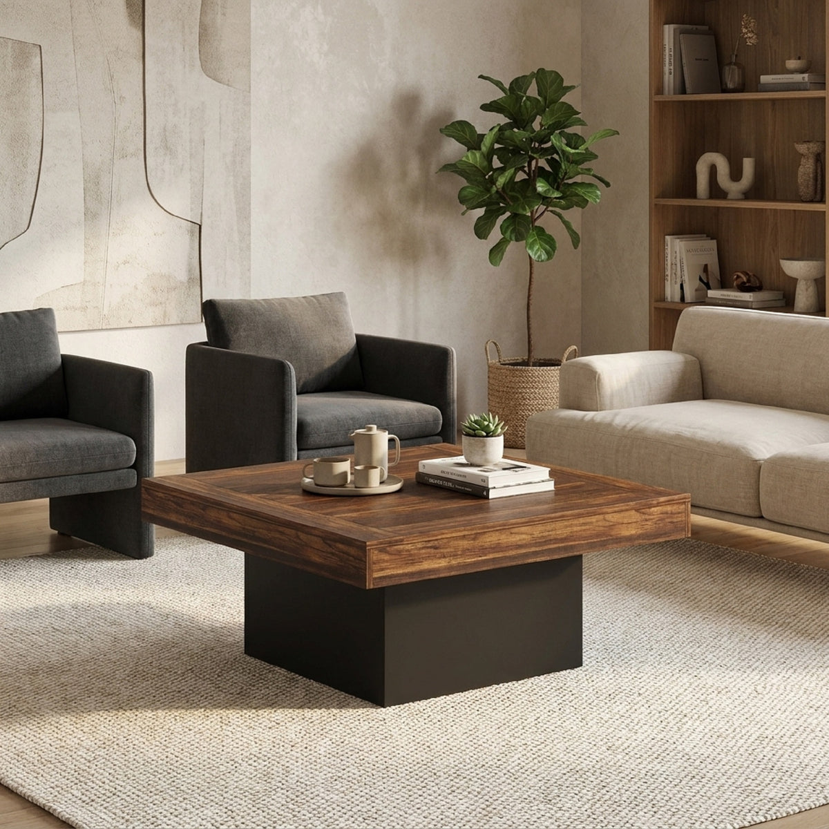 Rustic Square Coffee Table with Built-In Ambient Lighting
