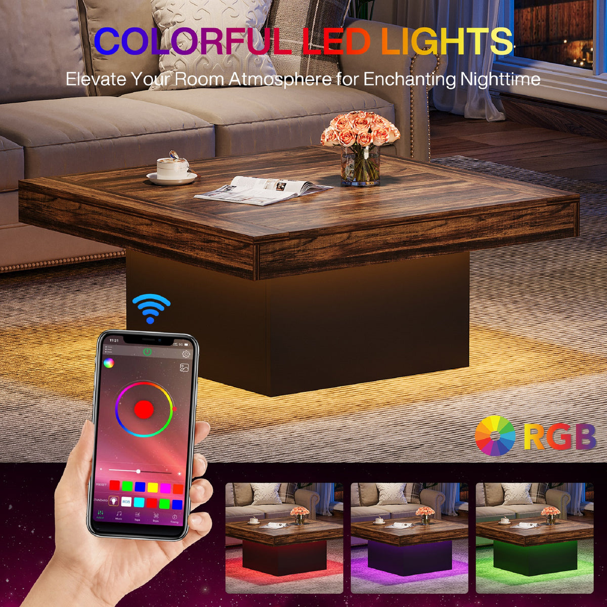 Rustic Square Coffee Table with Built-In Ambient Lighting