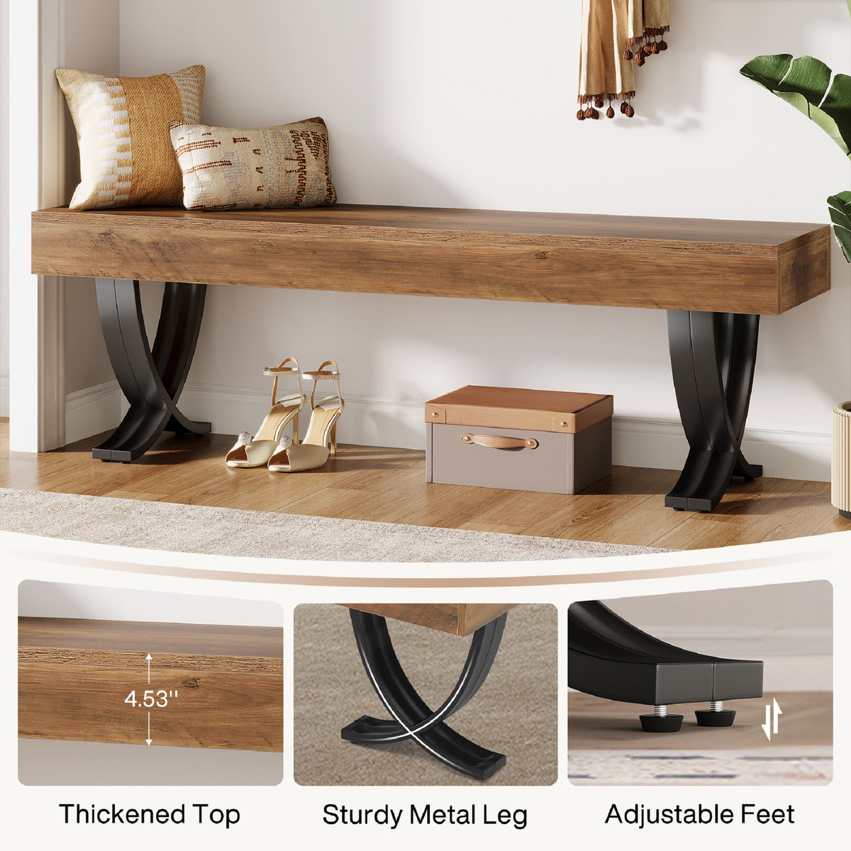 Ndustrial Entryway Bench with X-Frame Metal Base