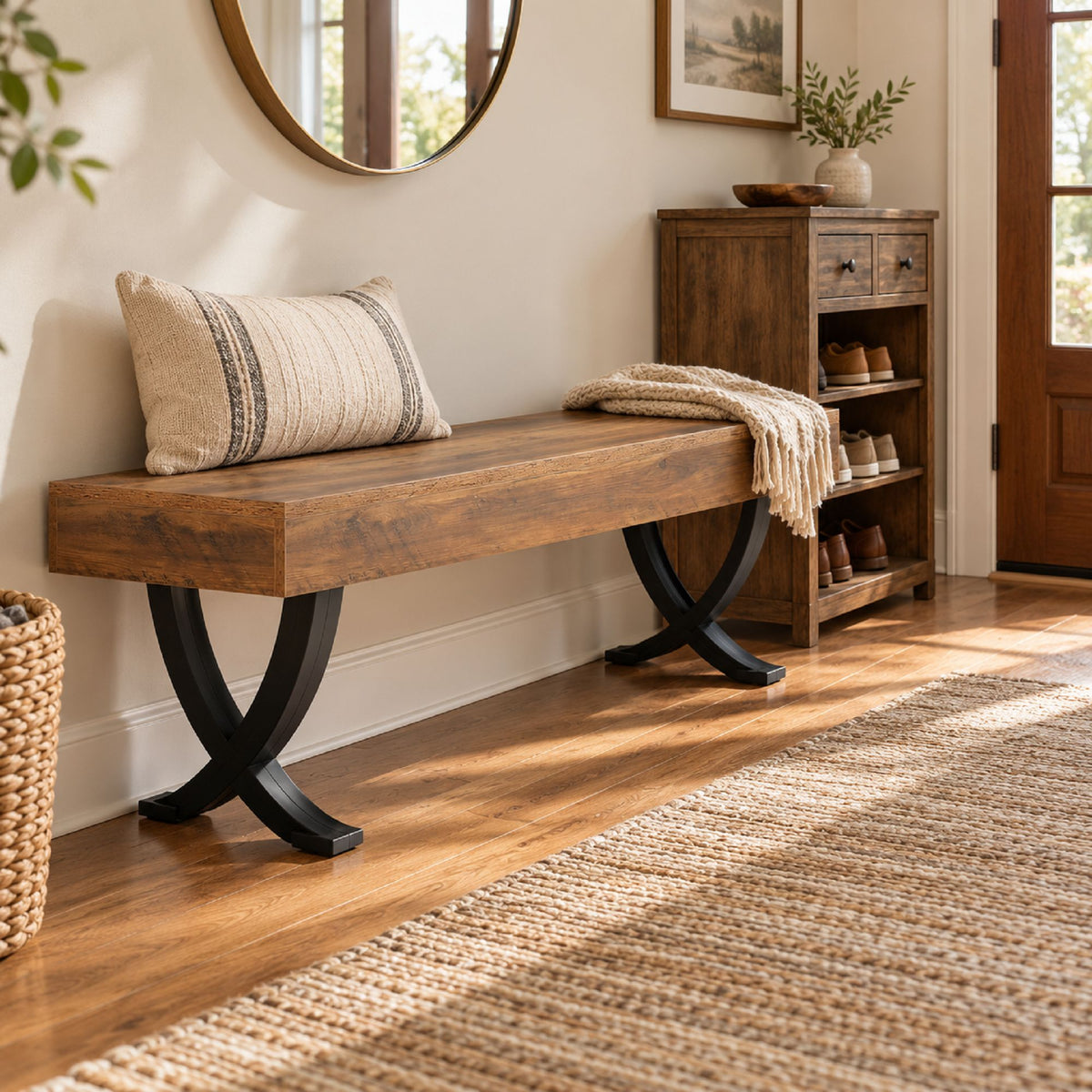 Ndustrial Entryway Bench with X-Frame Metal Base