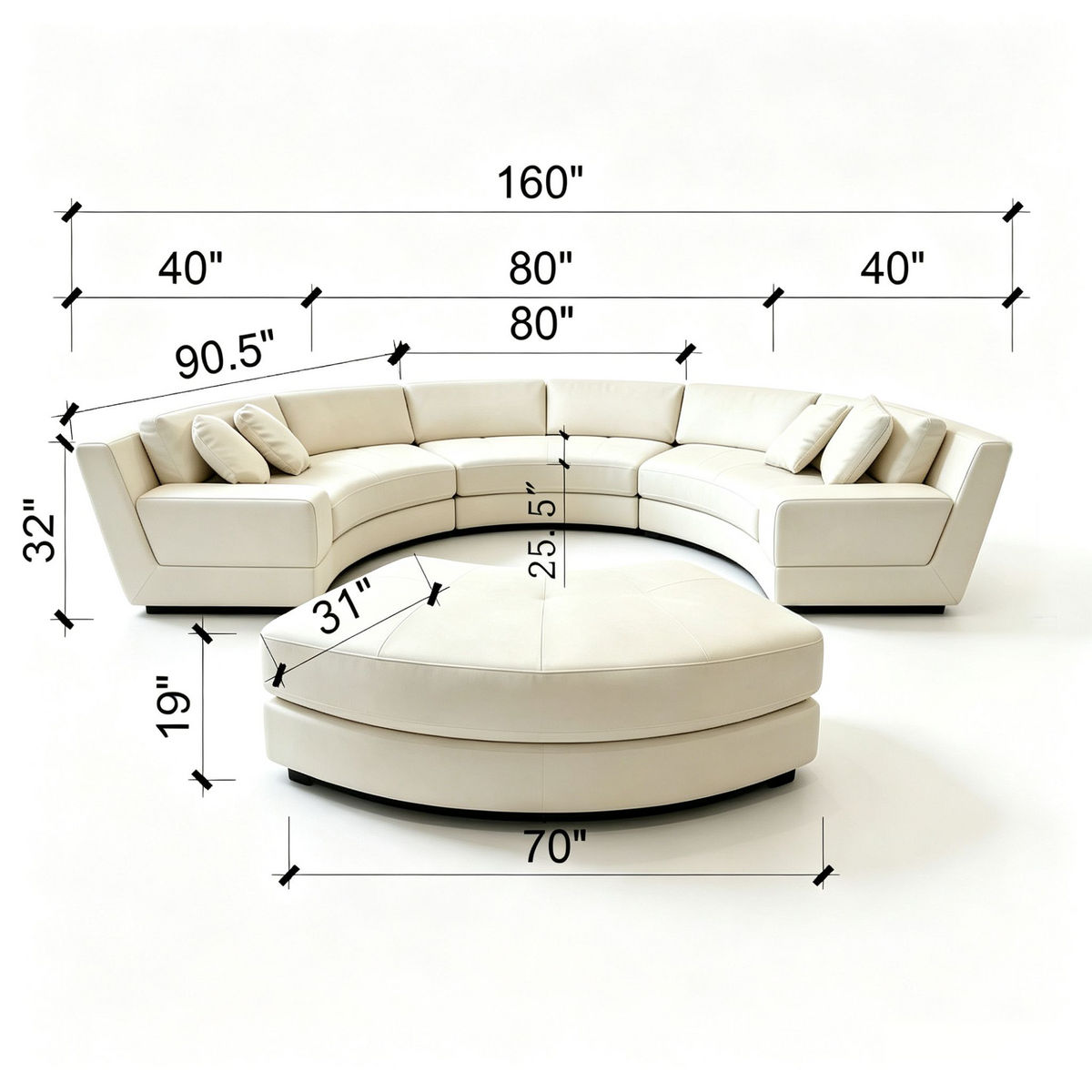 4 Piece S606 Modern Semi Circular Modular Leather Curved Sectional Sofa