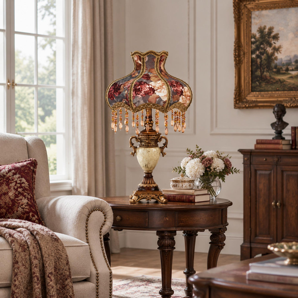 Traditional Floral Table Lamp with Beaded Fringe Shade