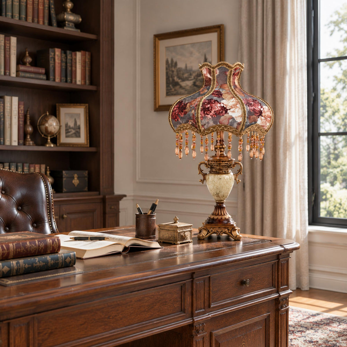 Traditional Floral Table Lamp with Beaded Fringe Shade