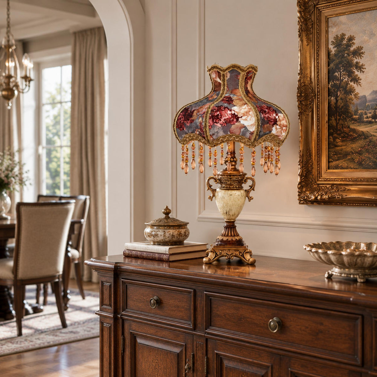 Traditional Floral Table Lamp with Beaded Fringe Shade