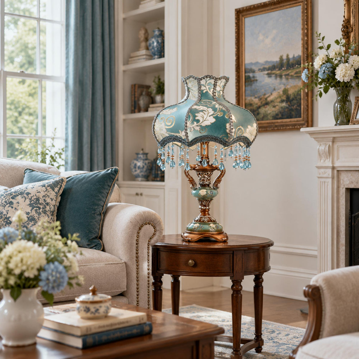 European Vintage Table Lamp with Turquoise Blue Floral Shade