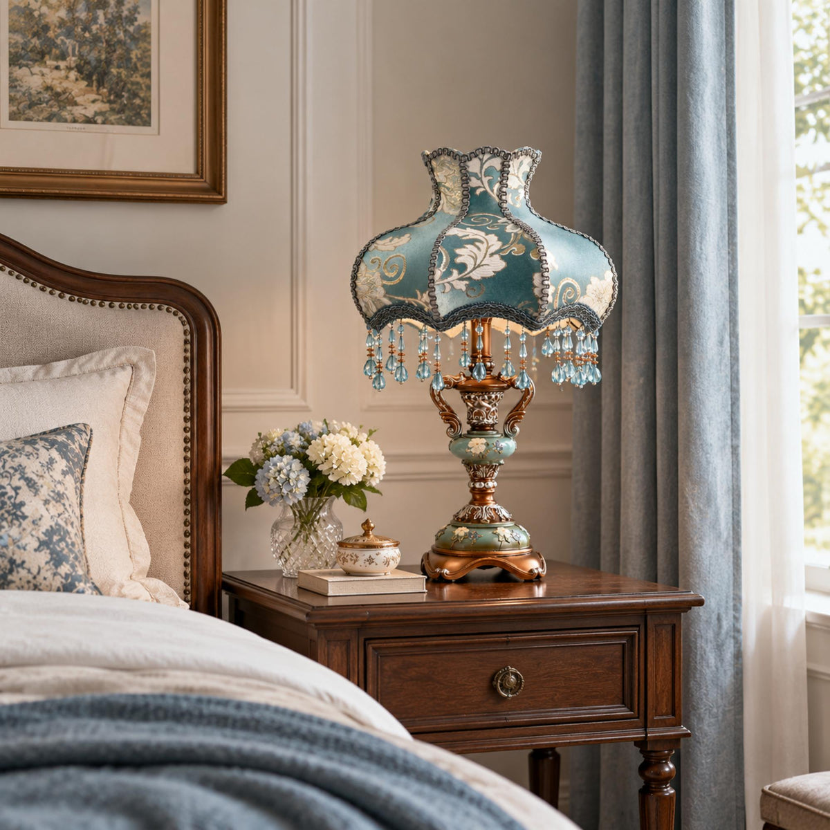 European Vintage Table Lamp with Turquoise Blue Floral Shade