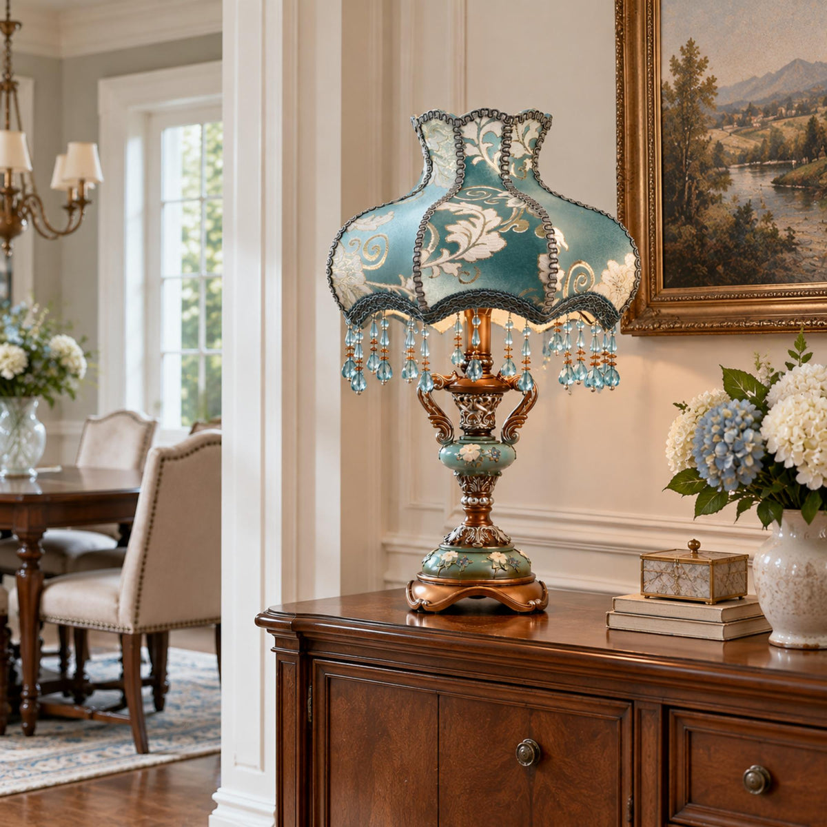 European Vintage Table Lamp with Turquoise Blue Floral Shade