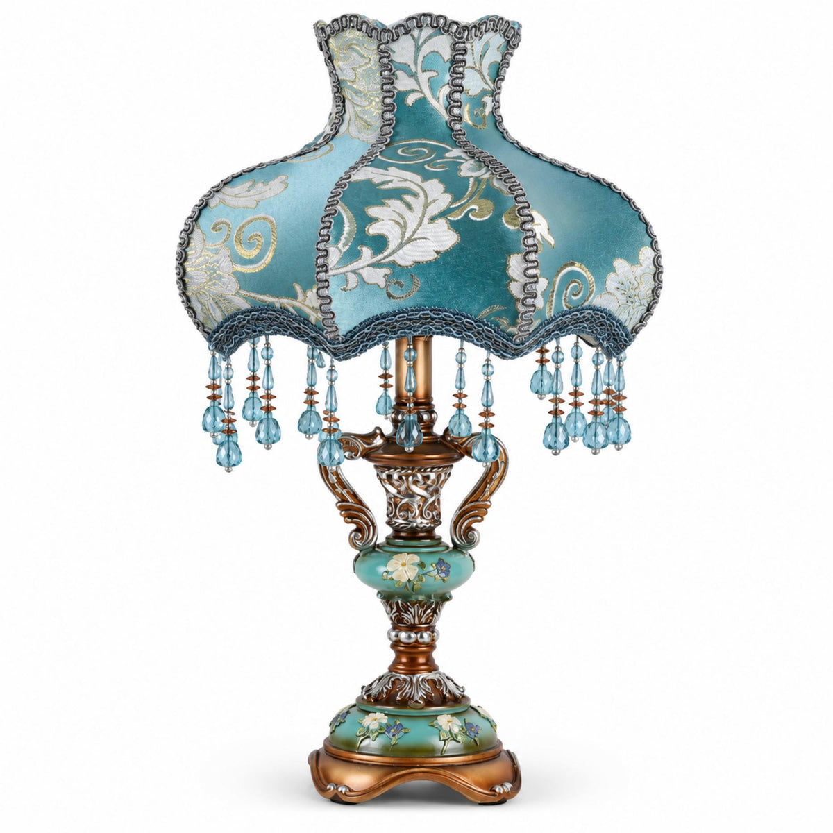 European Vintage Table Lamp with Turquoise Blue Floral Shade