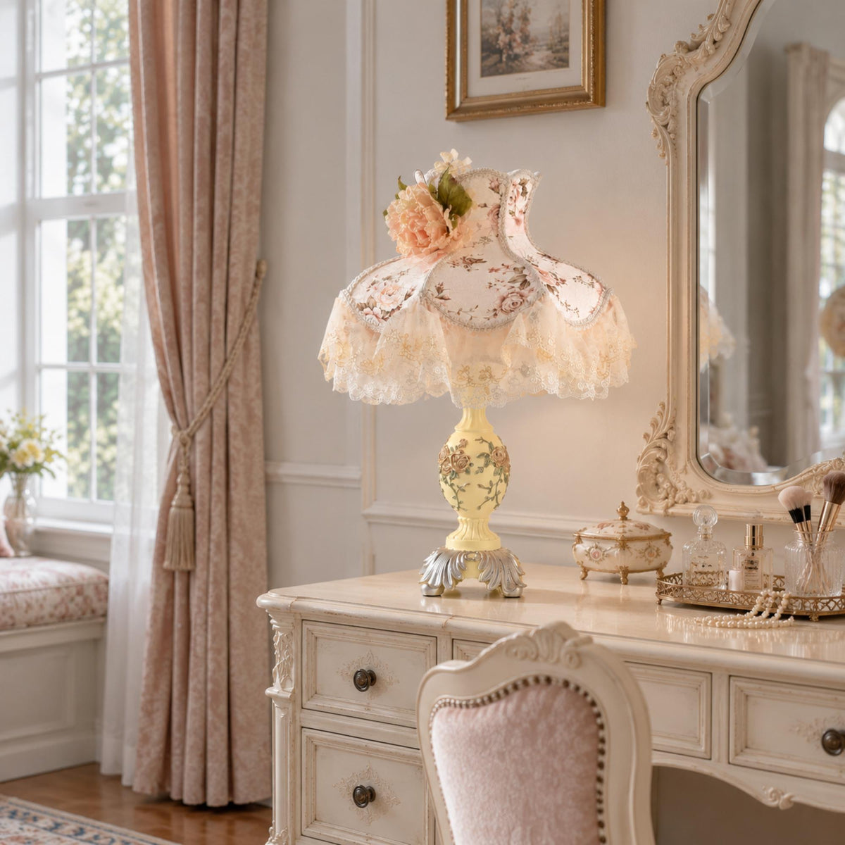Romantic Cottage Table Lamp with Floral Lace Shade