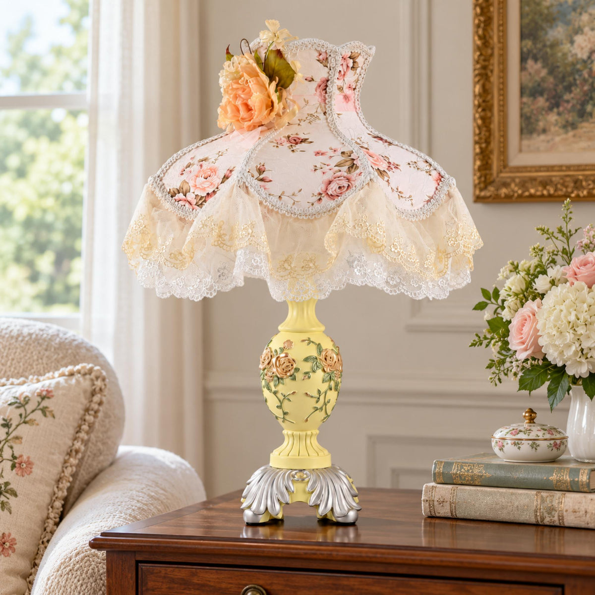 Romantic Cottage Table Lamp with Floral Lace Shade