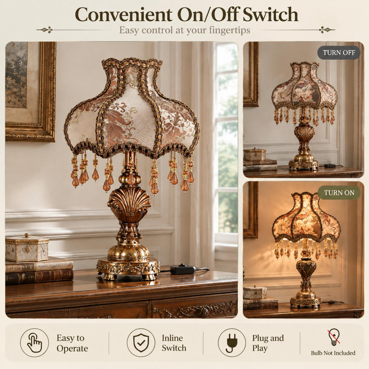 Antique Victorian Table Lamp with Damask Fabric Shade