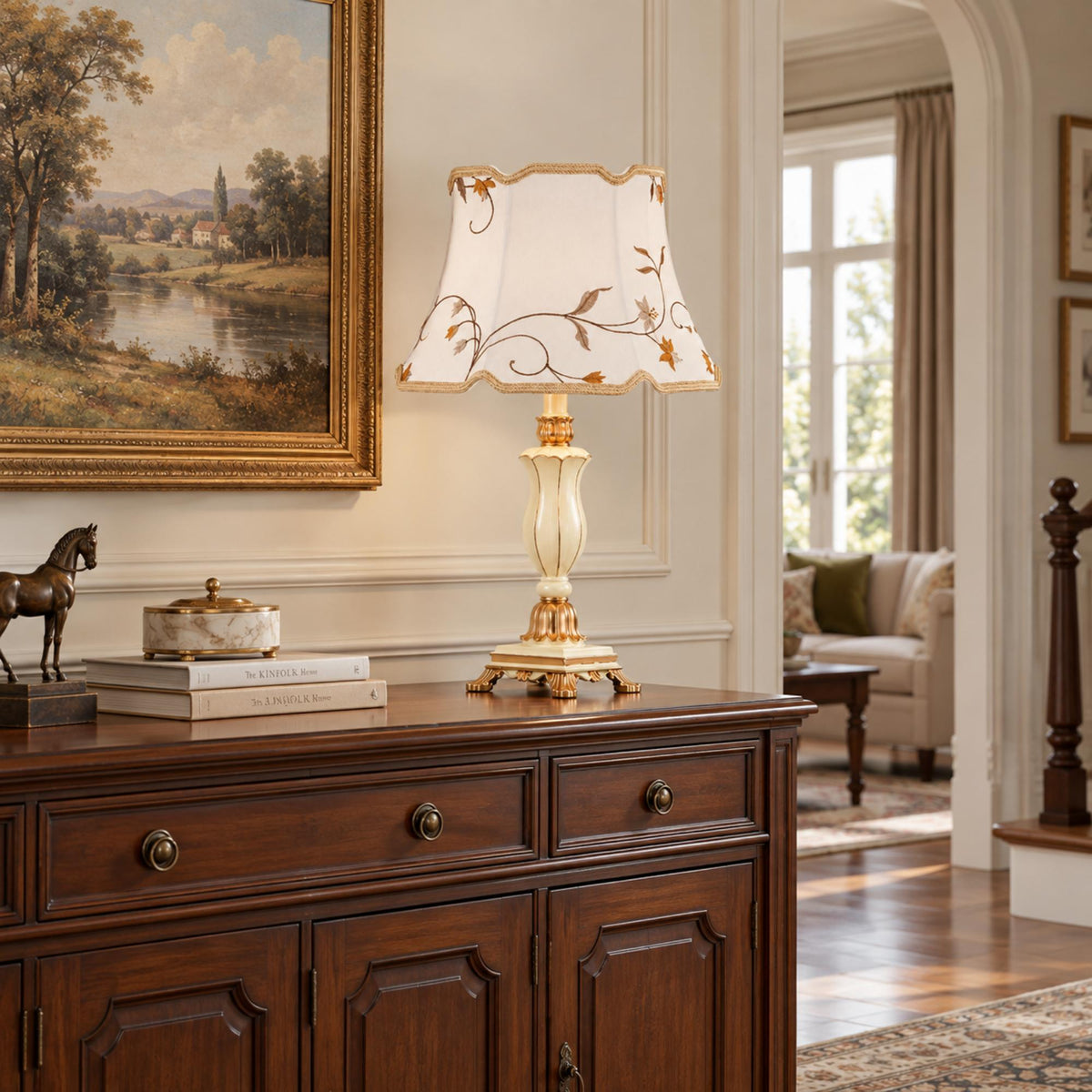 French Table Lamp with Embroidered Botanical Shade, Ivory and Gold Finish, Elegant Sculpted Base