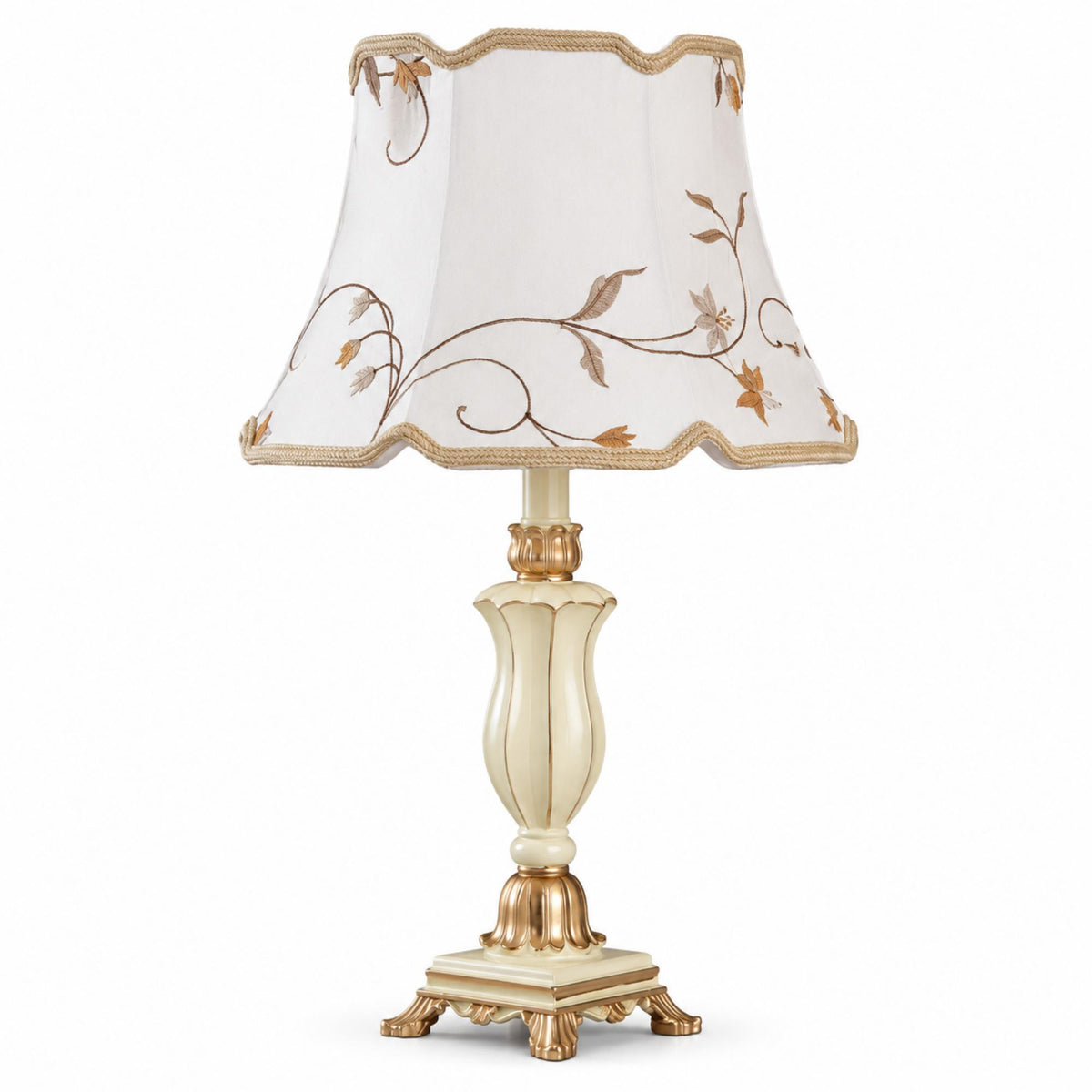 French Table Lamp with Embroidered Botanical Shade, Ivory and Gold Finish, Elegant Sculpted Base