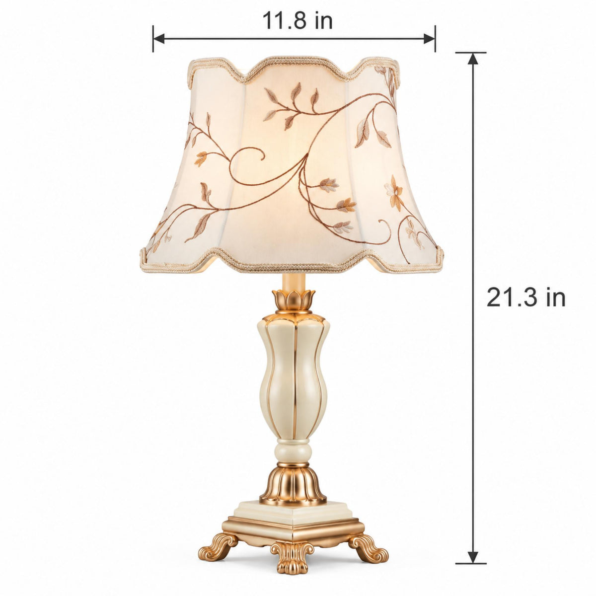 French Table Lamp with Embroidered Botanical Shade, Ivory and Gold Finish, Elegant Sculpted Base