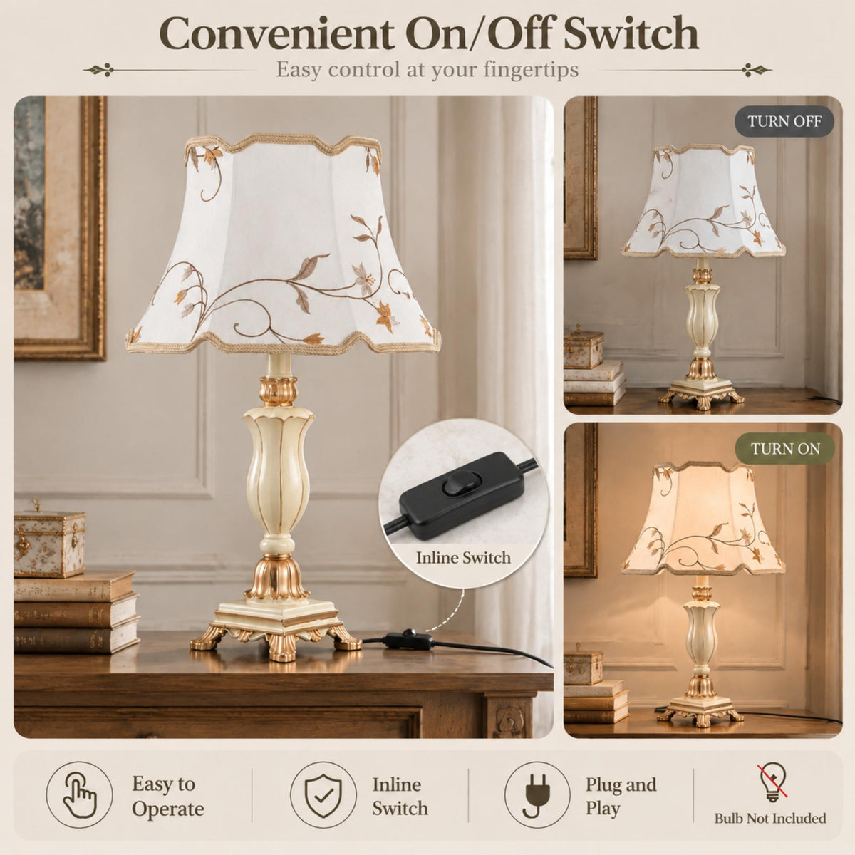 French Table Lamp with Embroidered Botanical Shade, Ivory and Gold Finish, Elegant Sculpted Base