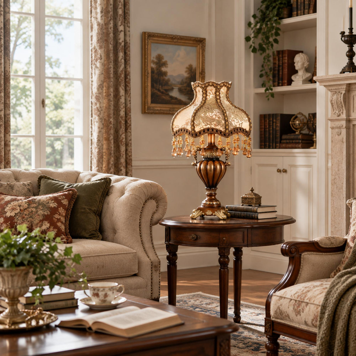 Baroque Table Lamp with Brocade Fabric Shade, Amber Beaded Fringe