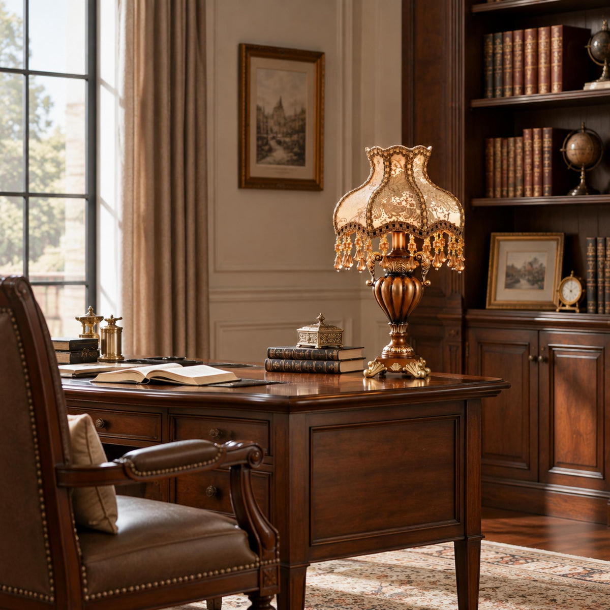 Baroque Table Lamp with Brocade Fabric Shade, Amber Beaded Fringe