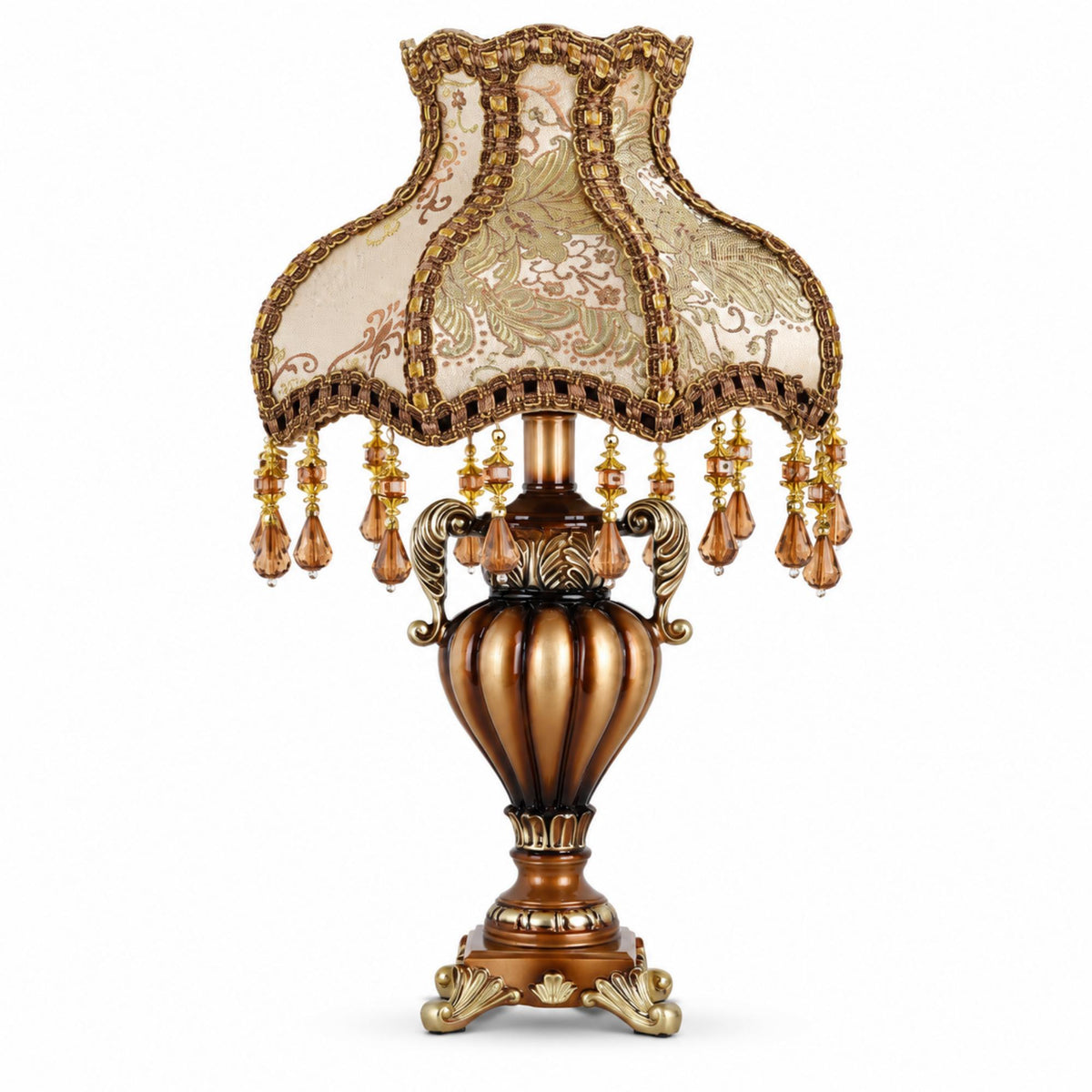 Baroque Table Lamp with Brocade Fabric Shade, Amber Beaded Fringe