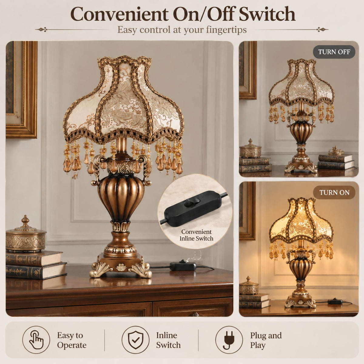 Baroque Table Lamp with Brocade Fabric Shade, Amber Beaded Fringe