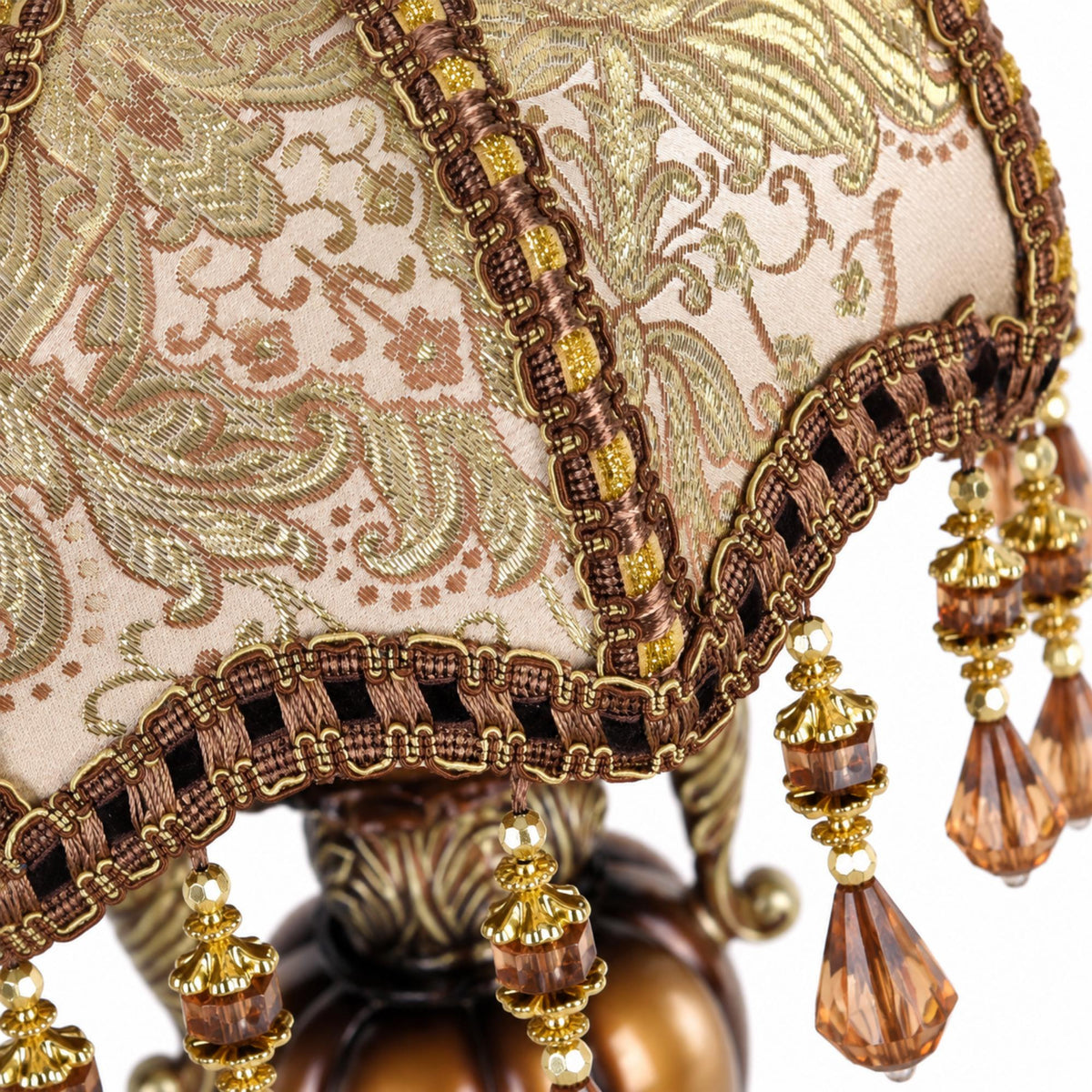 Baroque Table Lamp with Brocade Fabric Shade, Amber Beaded Fringe