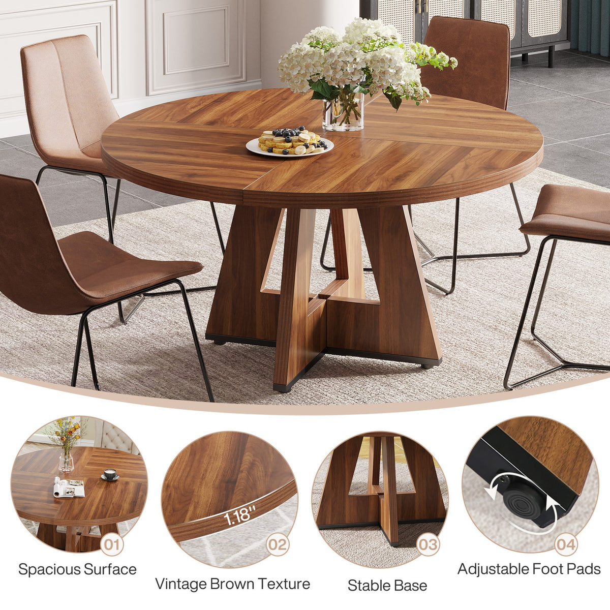 Round Dining Table with Sculptural Cross Pedestal Base