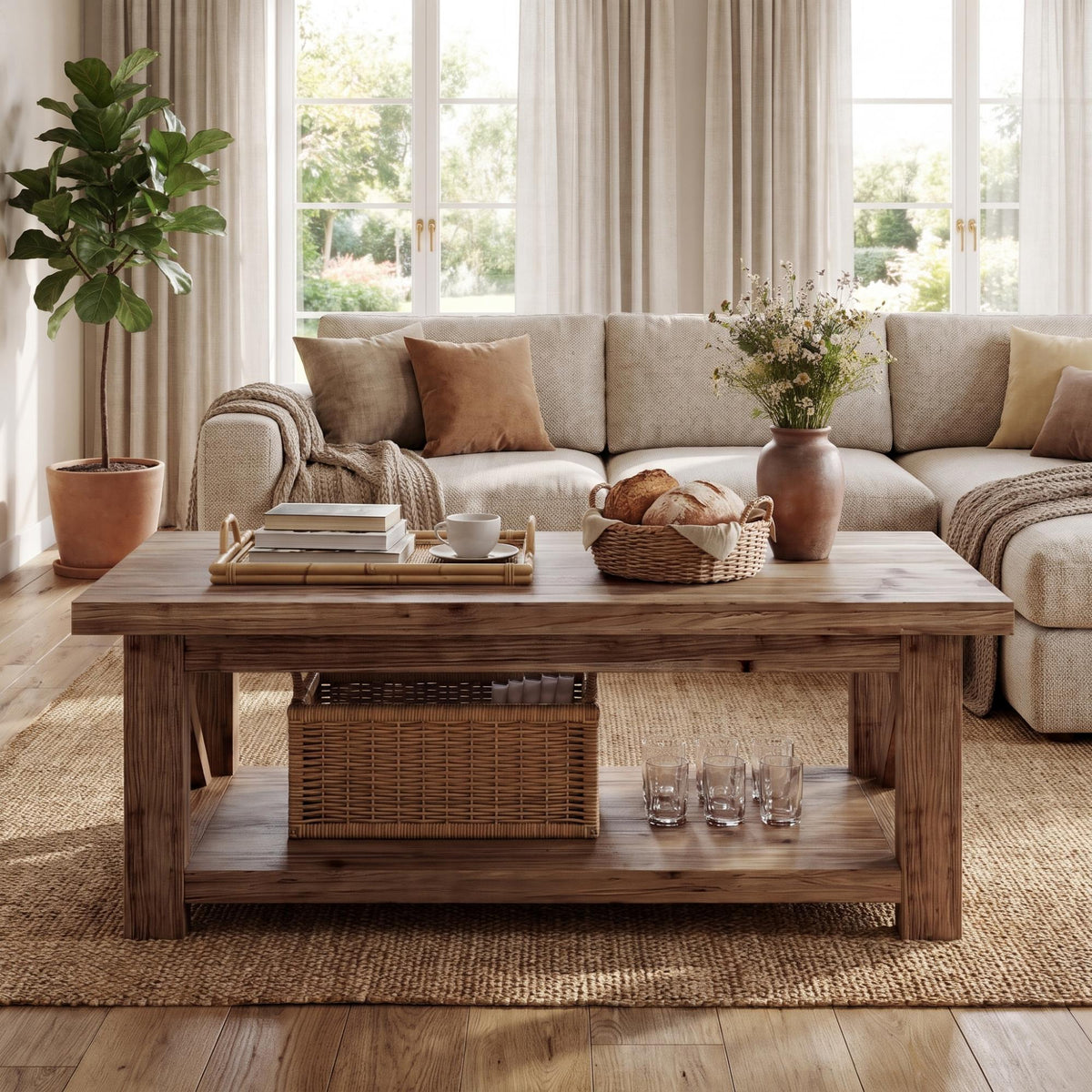 Rustic Coffee Table with Open Shelf and X-Frame Detail