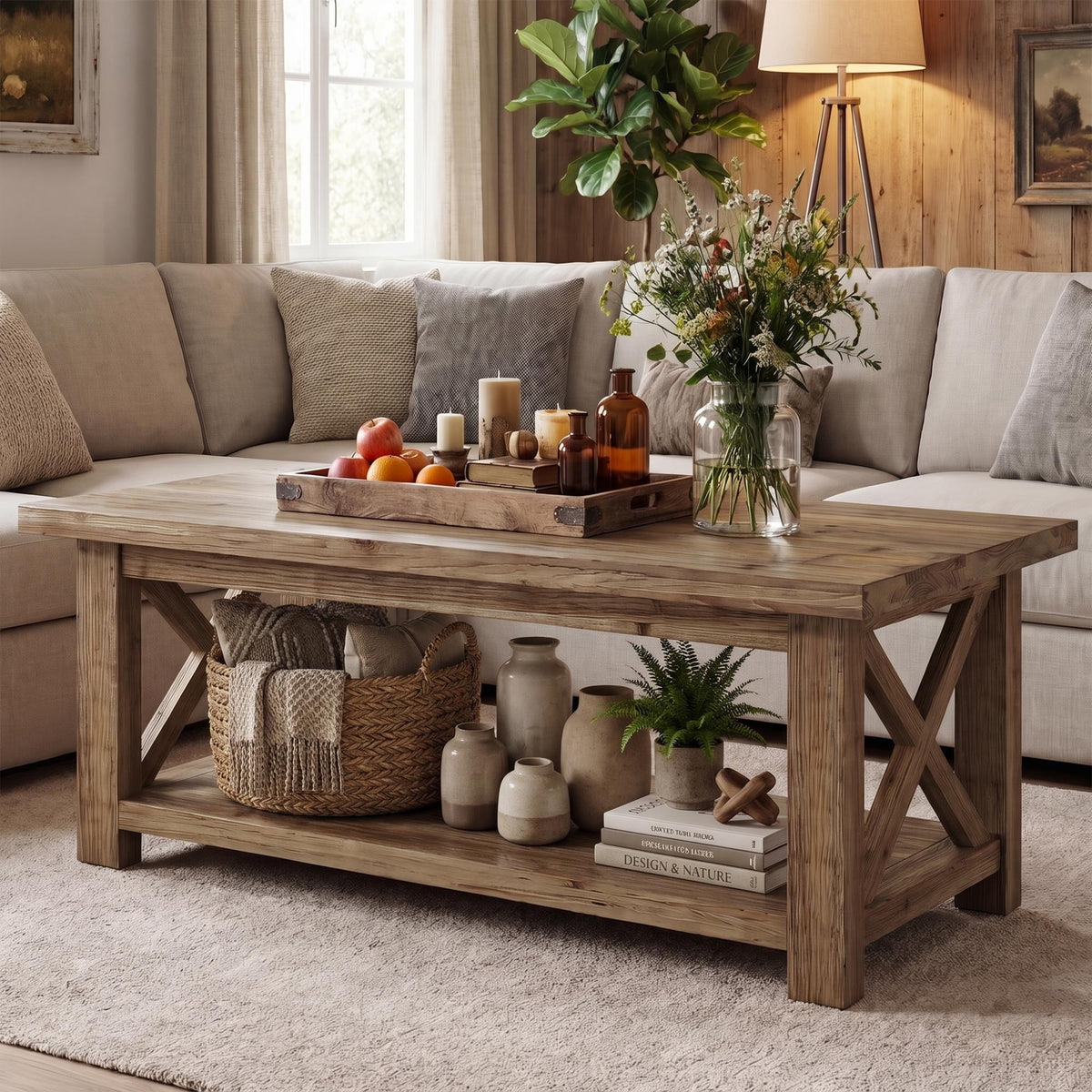 Rustic Coffee Table with Open Shelf and X-Frame Detail