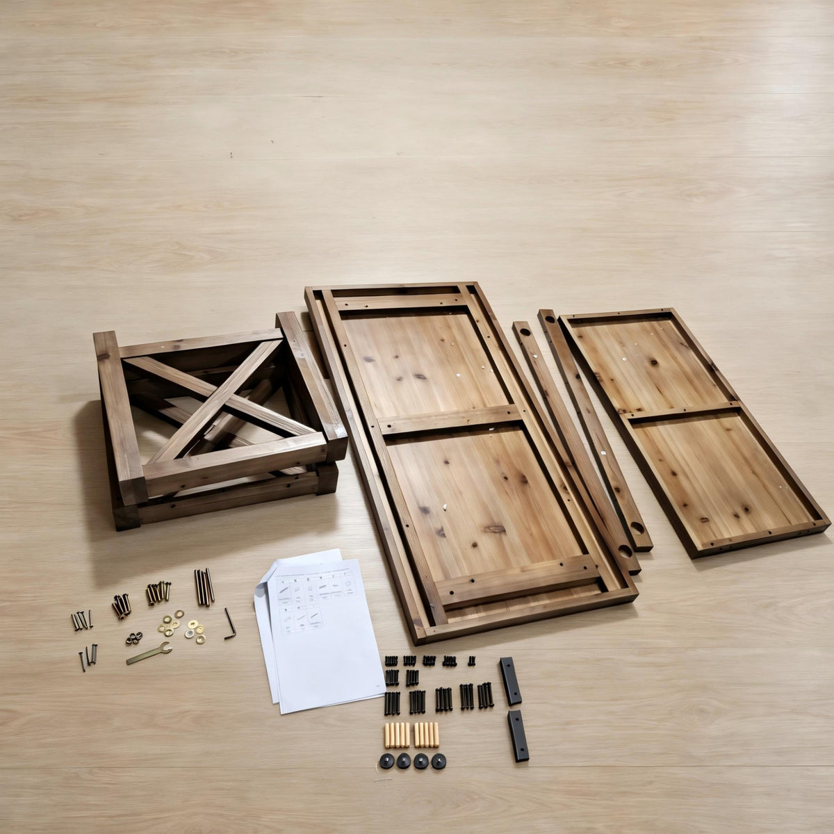 Rustic Coffee Table with Open Shelf and X-Frame Detail