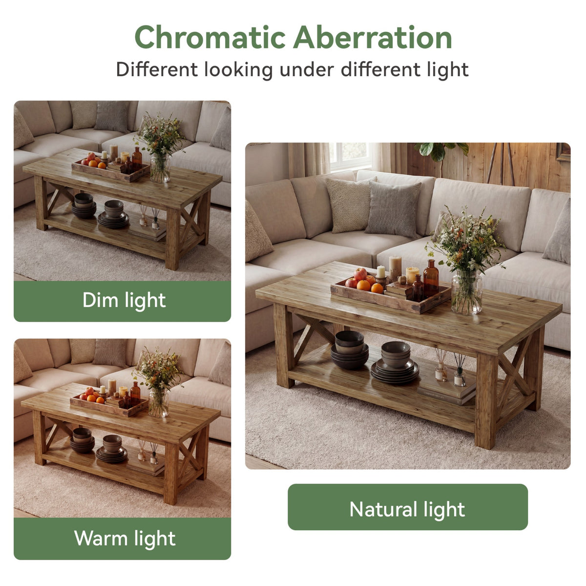 Rustic Coffee Table with Open Shelf and X-Frame Detail