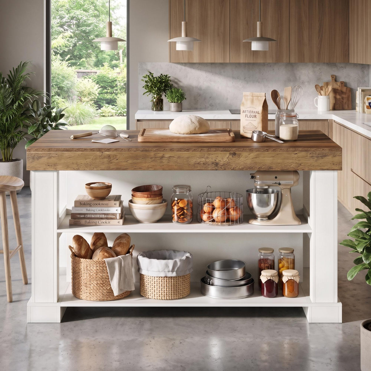 Two-Tone Kitchen Island with Open Storage Shelves