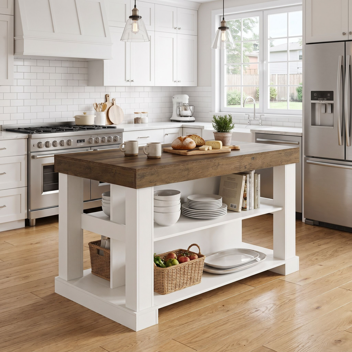 Two-Tone Kitchen Island with Open Storage Shelves
