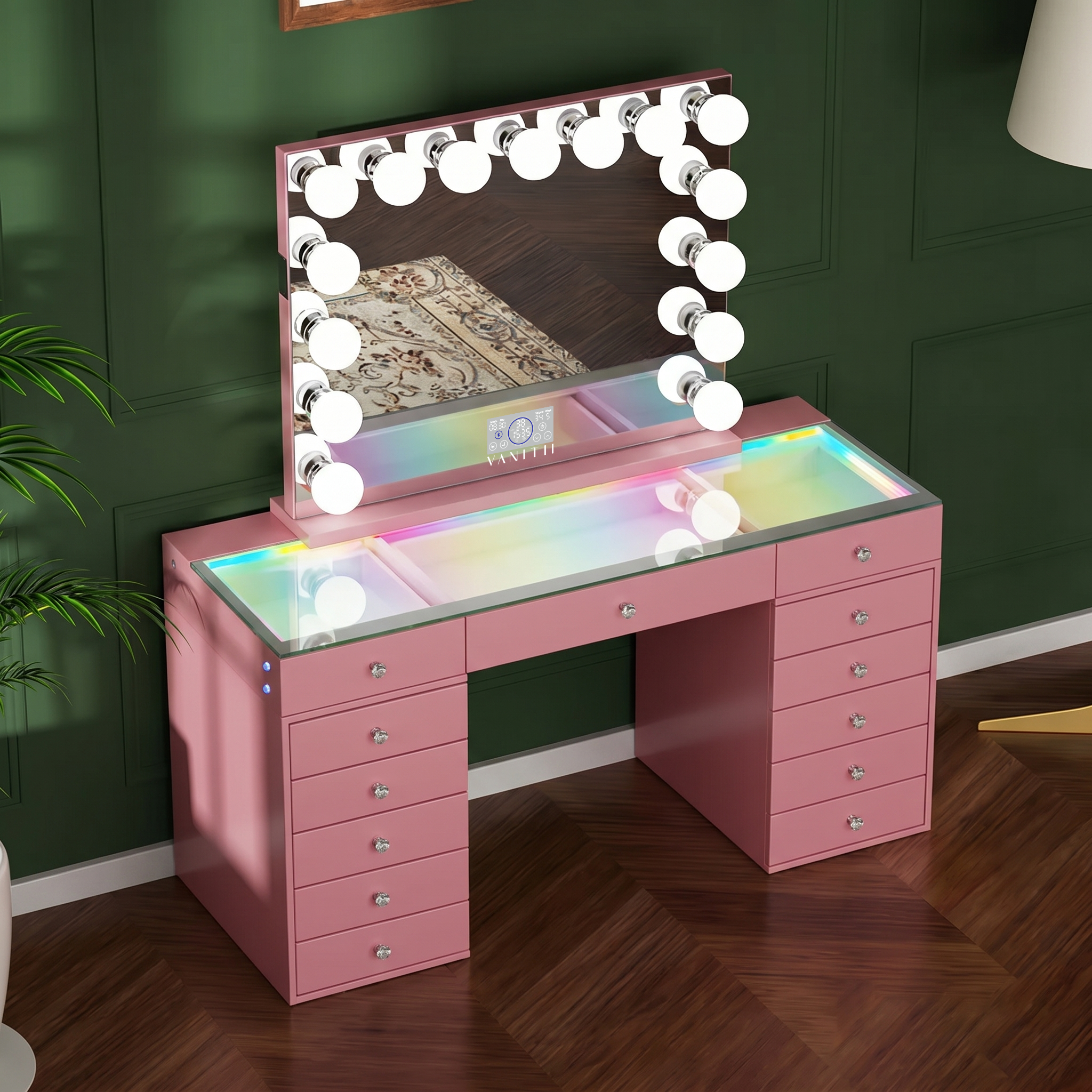 Promotion Deal! VANITII Eva-RGB Vanity Desk Set with 13 Storage Drawers and 15 Bulbs Light Mirror(EVA(IVY-TOP)-RGB+10080BT-WHT-A)