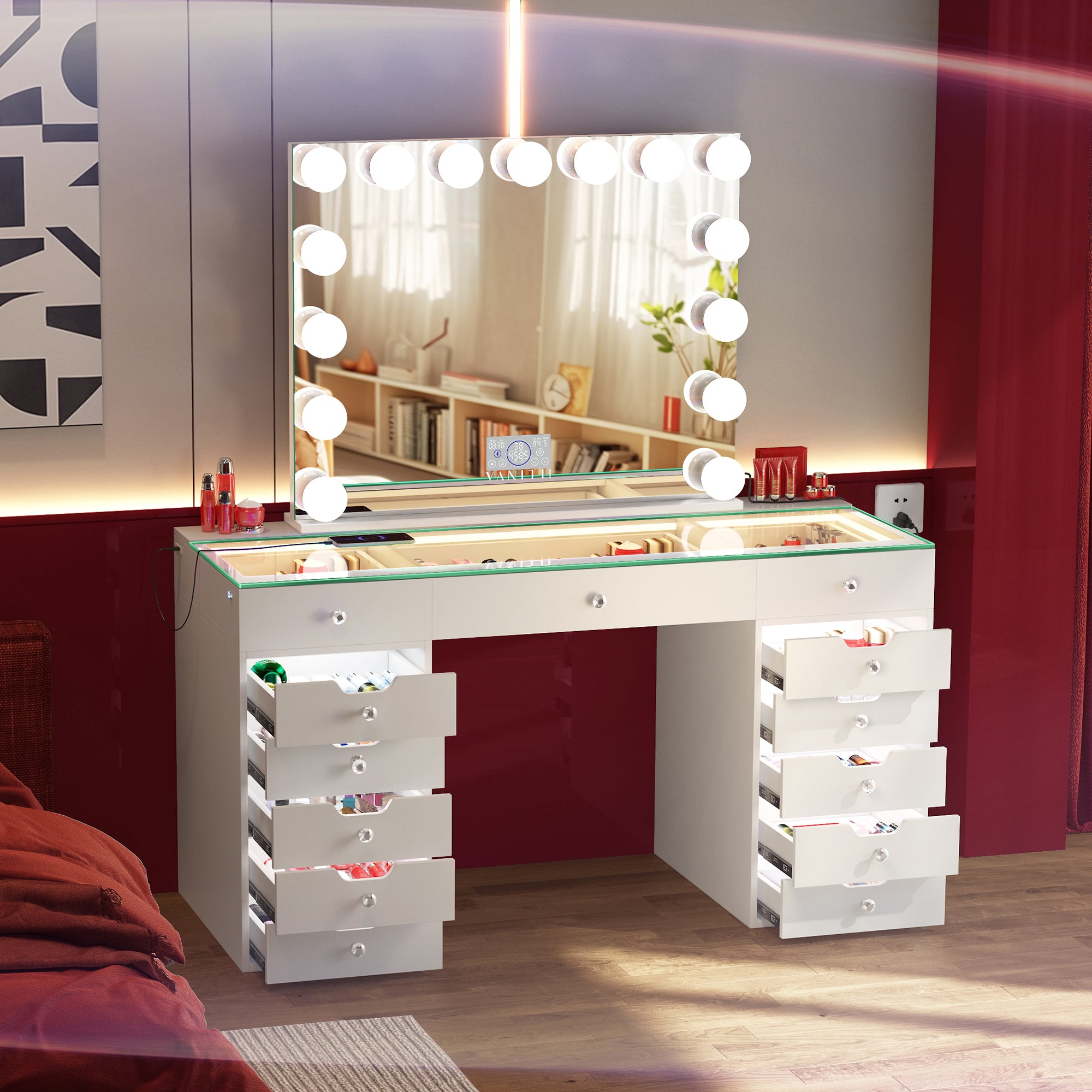 VANITII Eva Vanity Desk - 13 Storage Drawers with Full Light