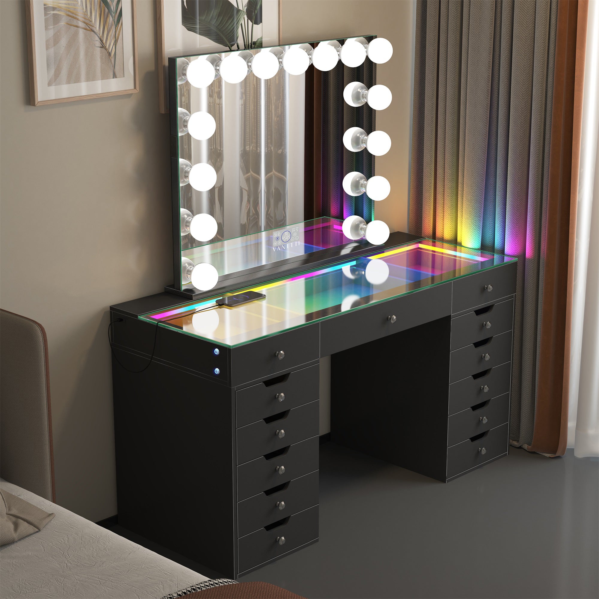 Promotion Deal! VANITII Eva-RGB Vanity Desk Set with 13 Storage Drawers and 15 Bulbs Light Mirror(EVA(IVY-TOP)-RGB+10080BT-WHT)