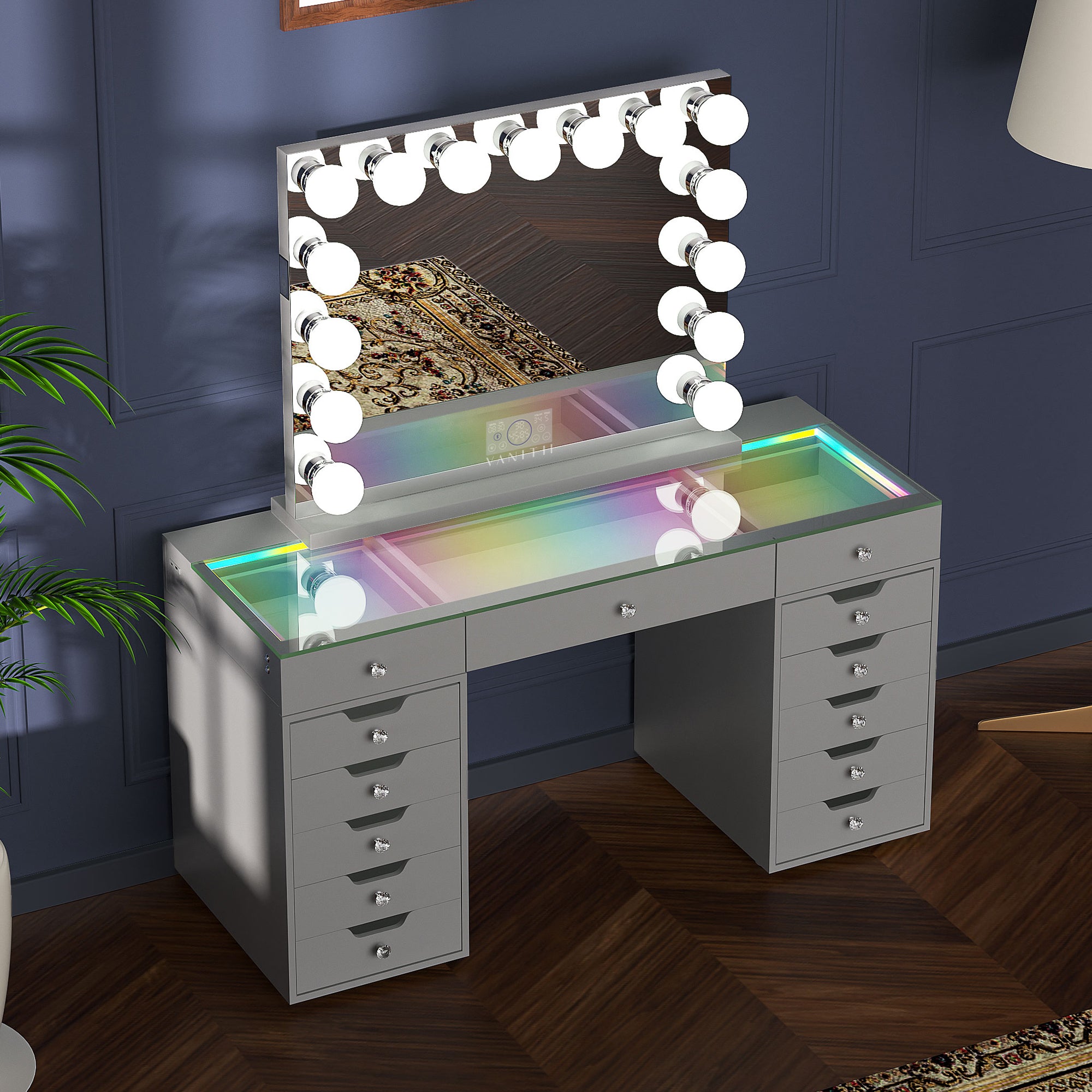 VANITII Eva-RGB Vanity Desk Set with 13 Storage Drawers and 15 Bulbs Light Mirror