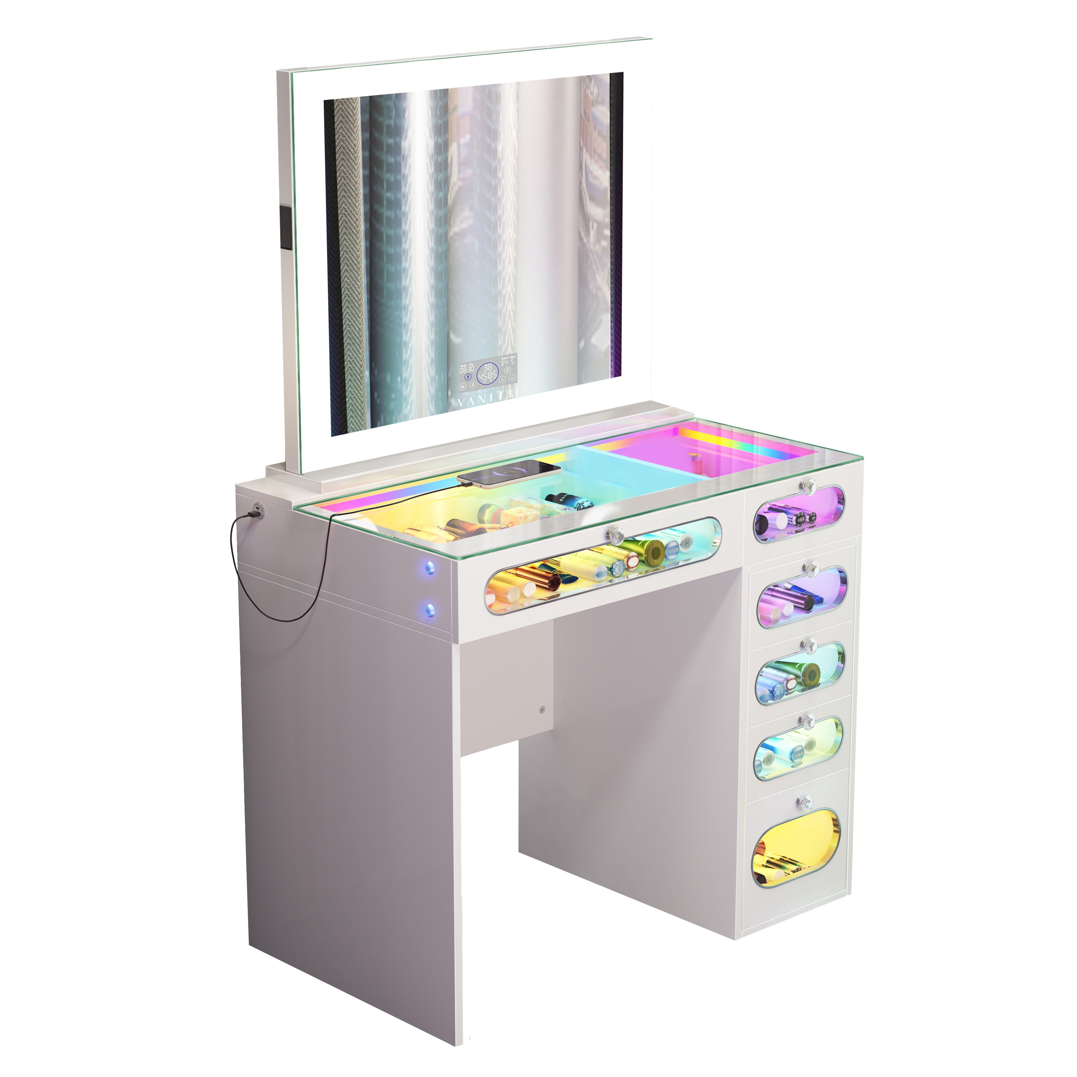 New Release ! VANITII 6 Glass Fronted Drawers Vanity Desk with Marilyn Vanity Mirror