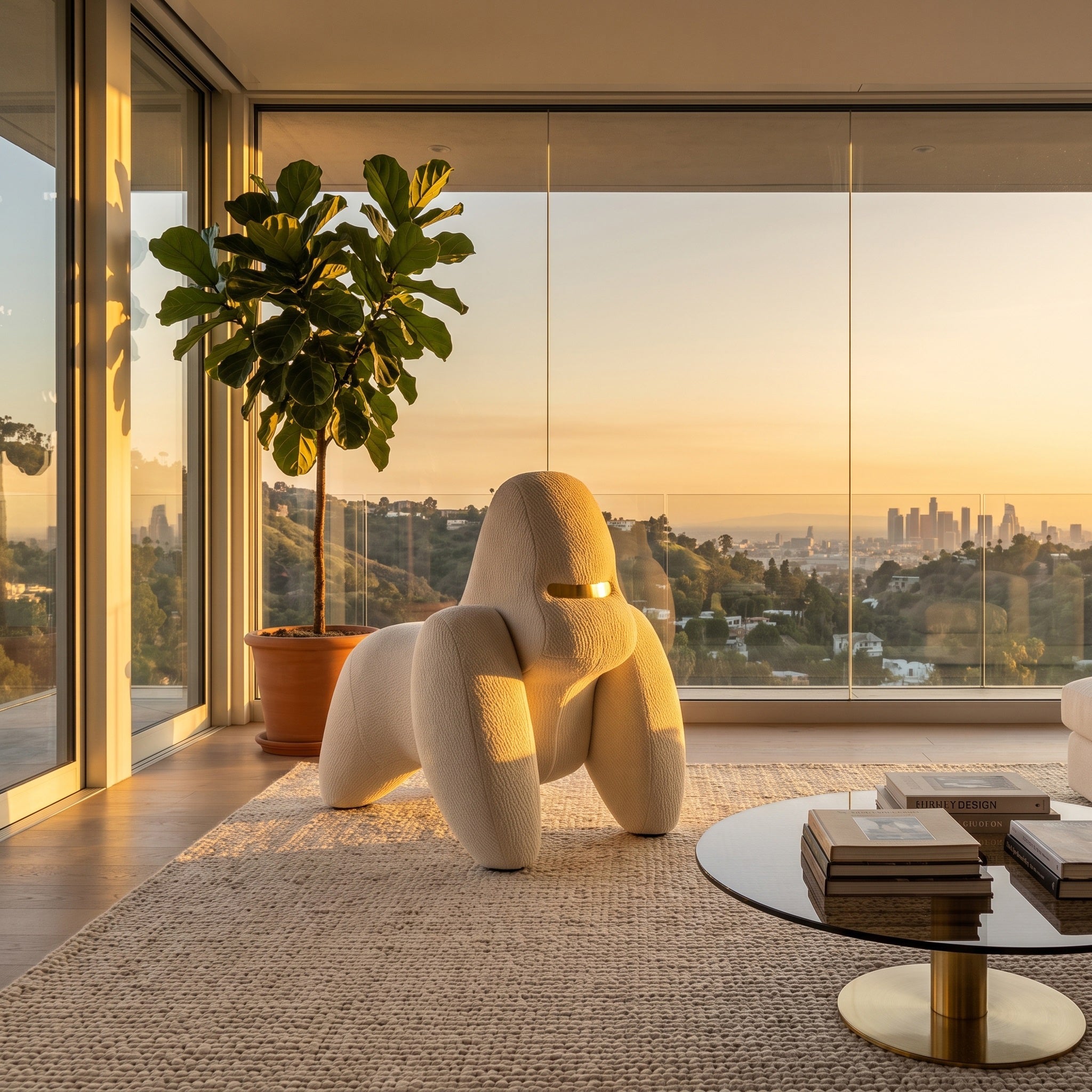White gorilla chair is placed in the modern living room and is reflected by the sunlight.