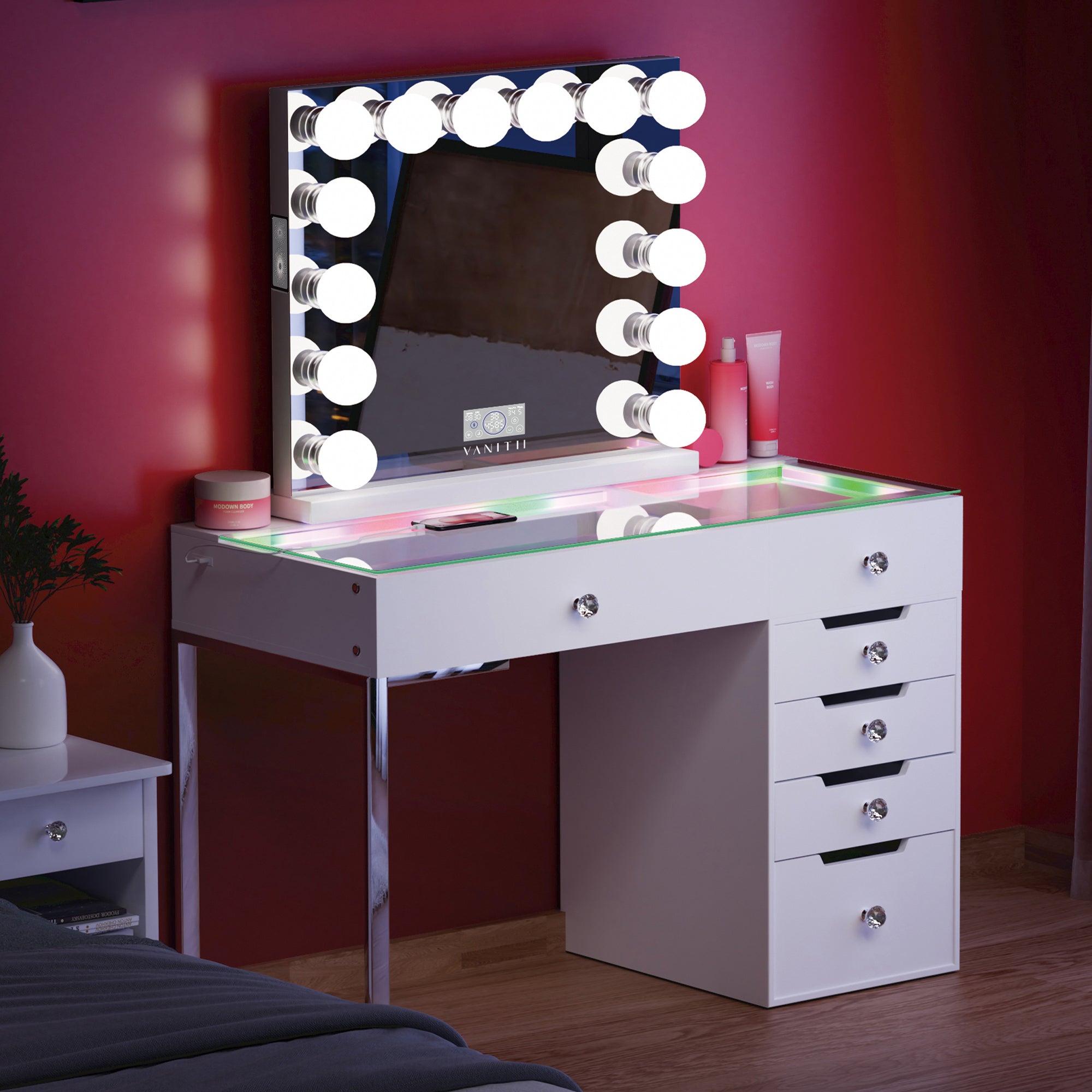 VANITII Diana RGB Vanity Desk with 6 Storage Drawers and Marilyn Hollywood Vanity Mirror
