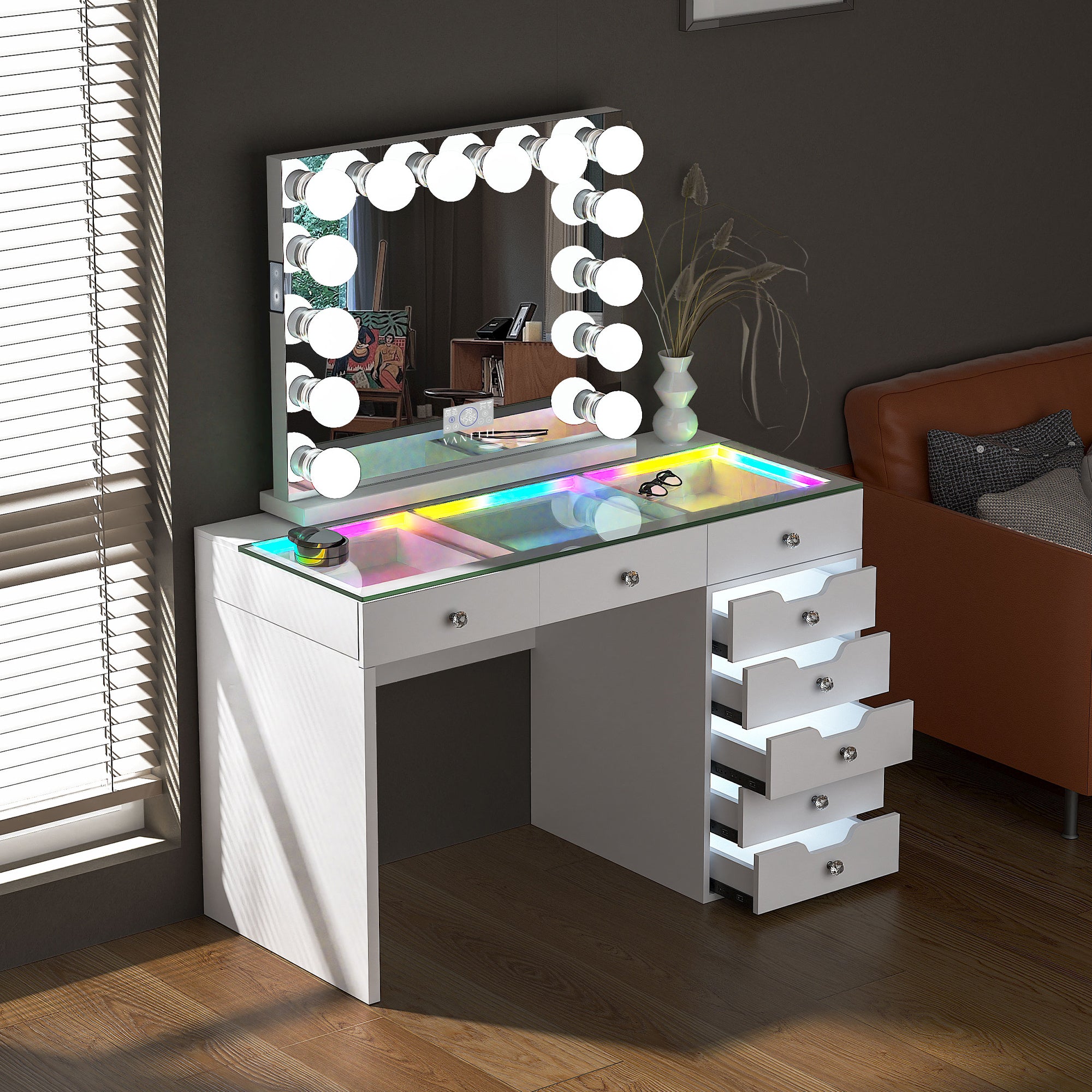 VANITII Diana 8 Drawers Vanity Desk Set with RGB and Full Light