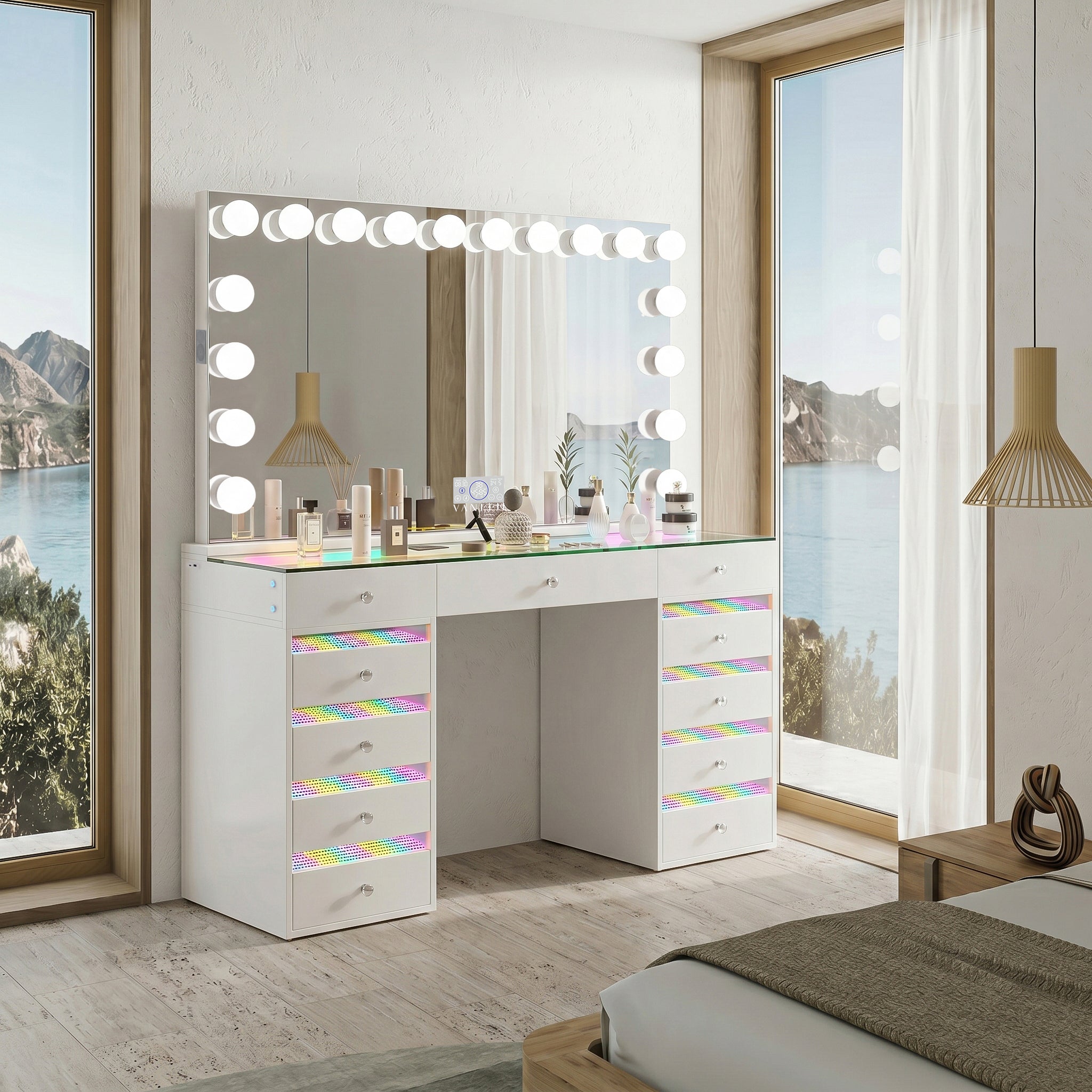 VANITII Fenair Vanity Set With 11 Drawers and 18 Bulbs Vanity Mirror