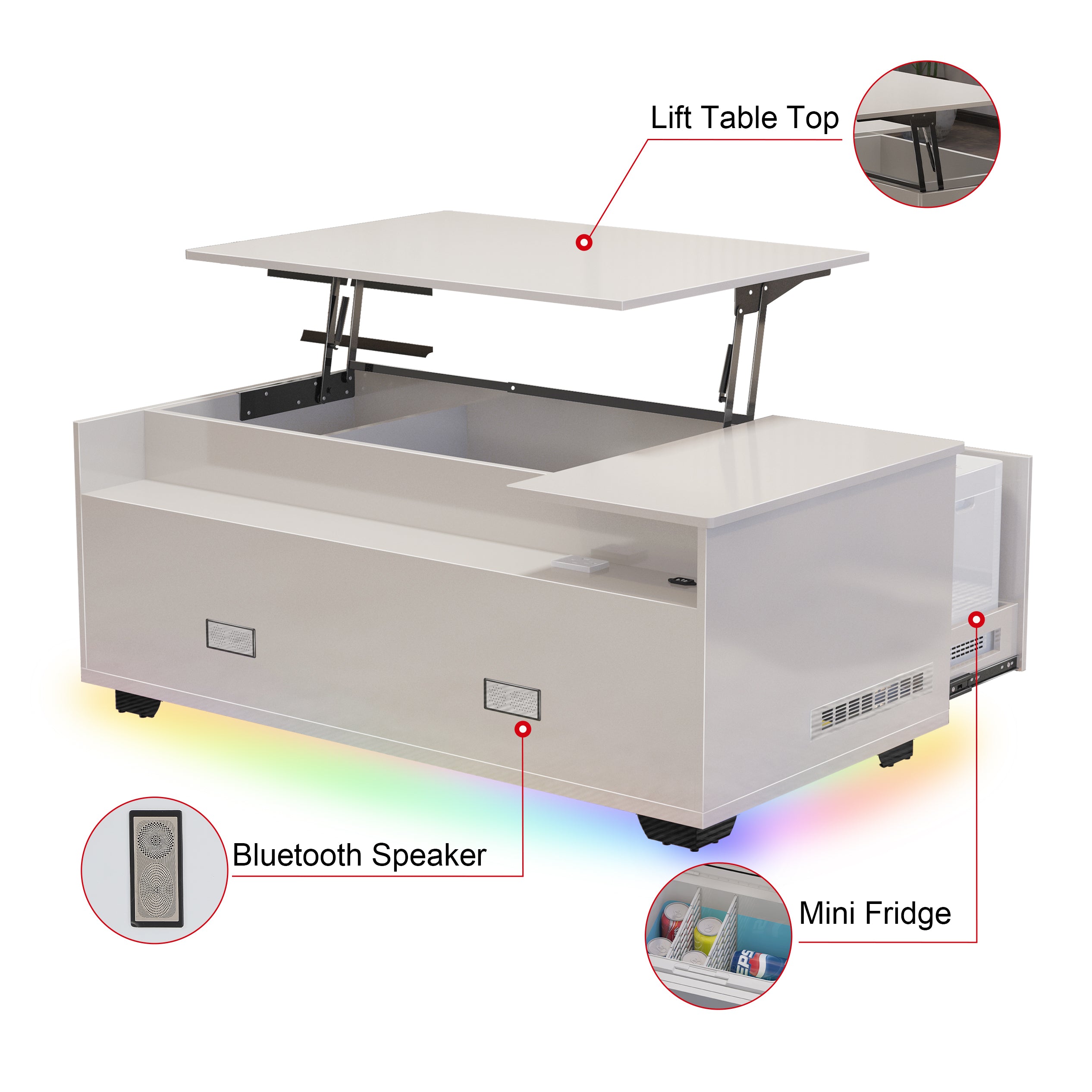VANITII Lift Table With Spacious Storage Space and Mini Fridge