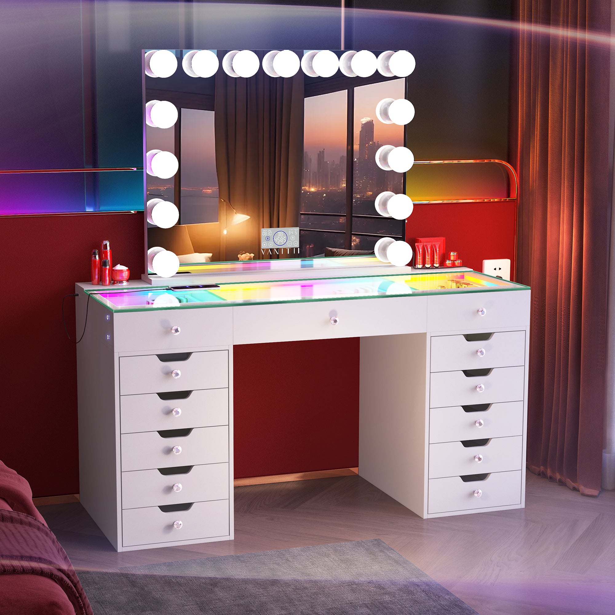 VANITII Eva-RGB Vanity Desk Set with 13 Storage Drawers and 15 Bulbs Light Mirror