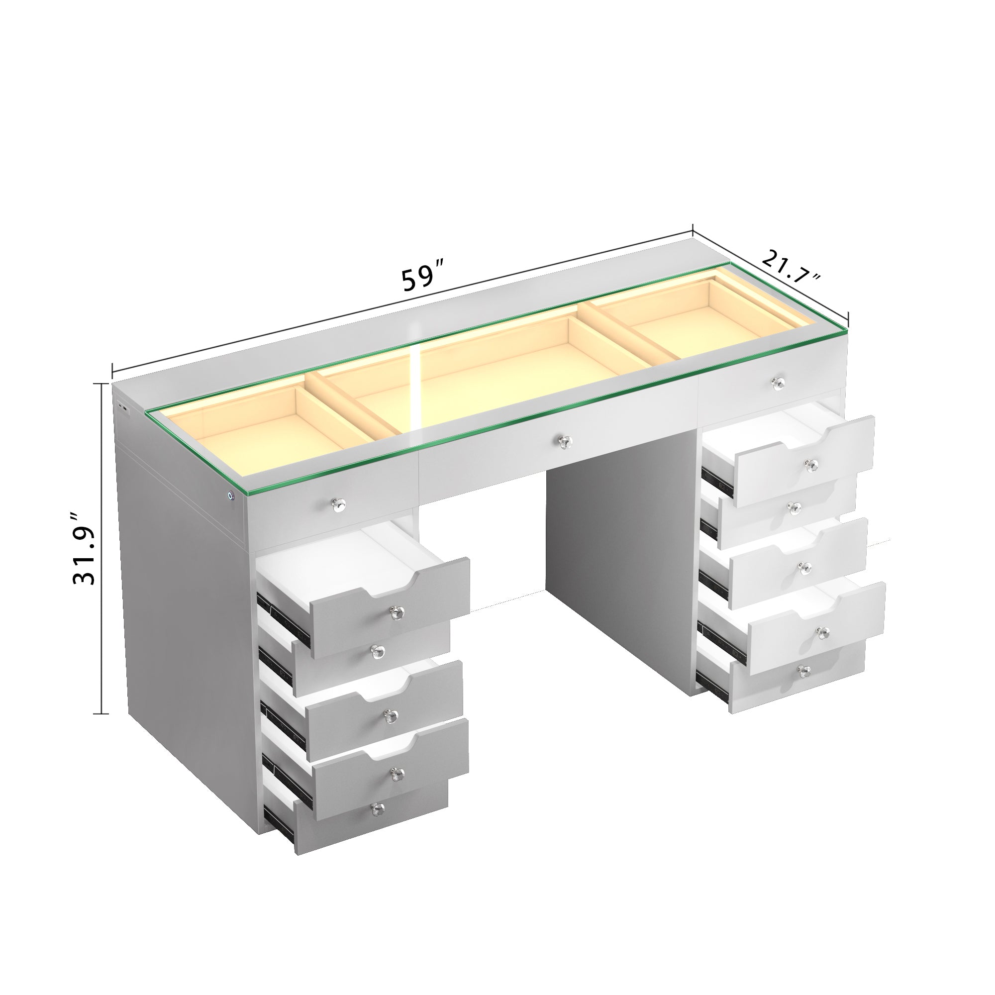 VANITII Eva Vanity Desk - 13 Storage Drawers with Full Light