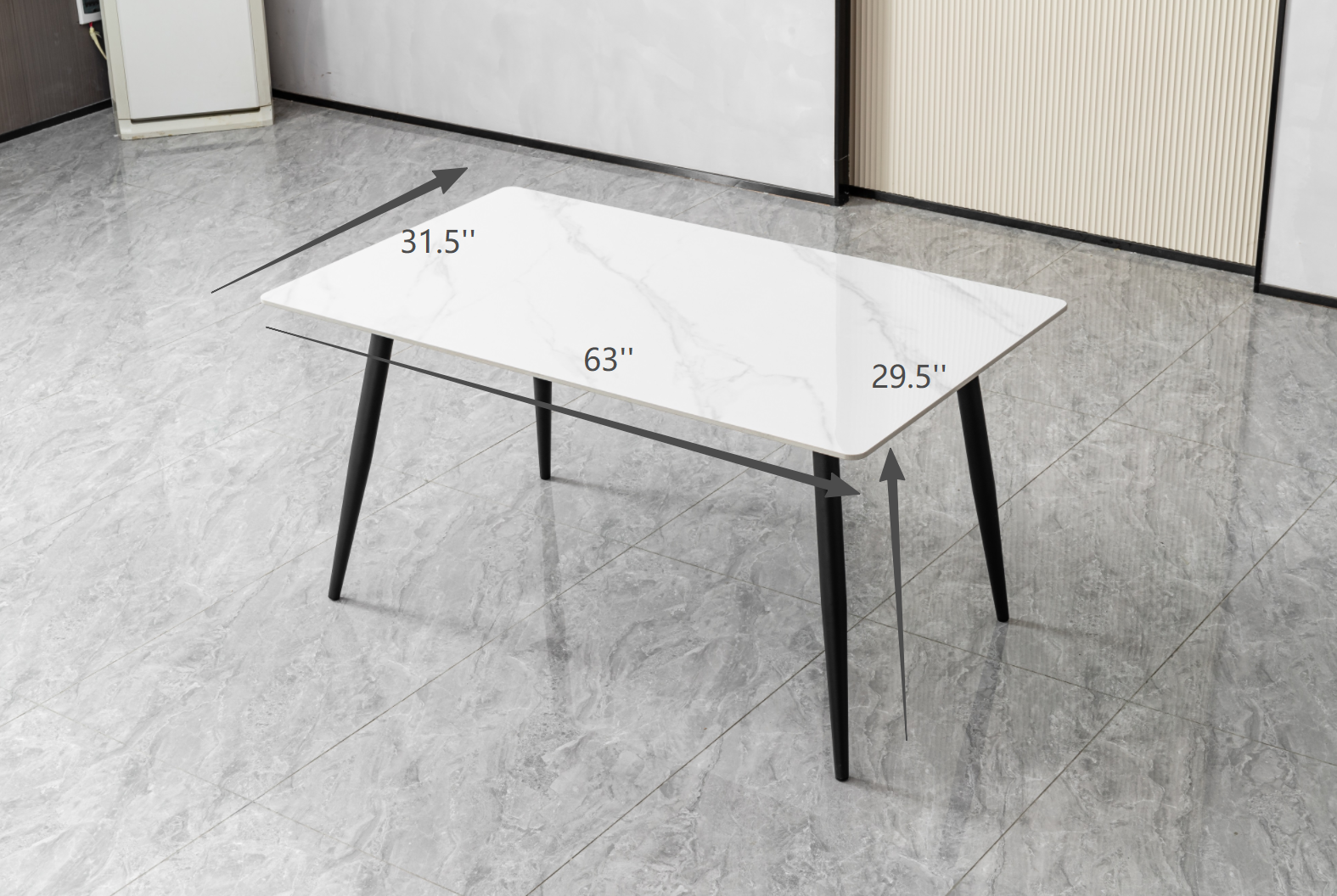 White Faux Marble Dining Table - 4-Seater Rectangular Table with Black Metal Legs
