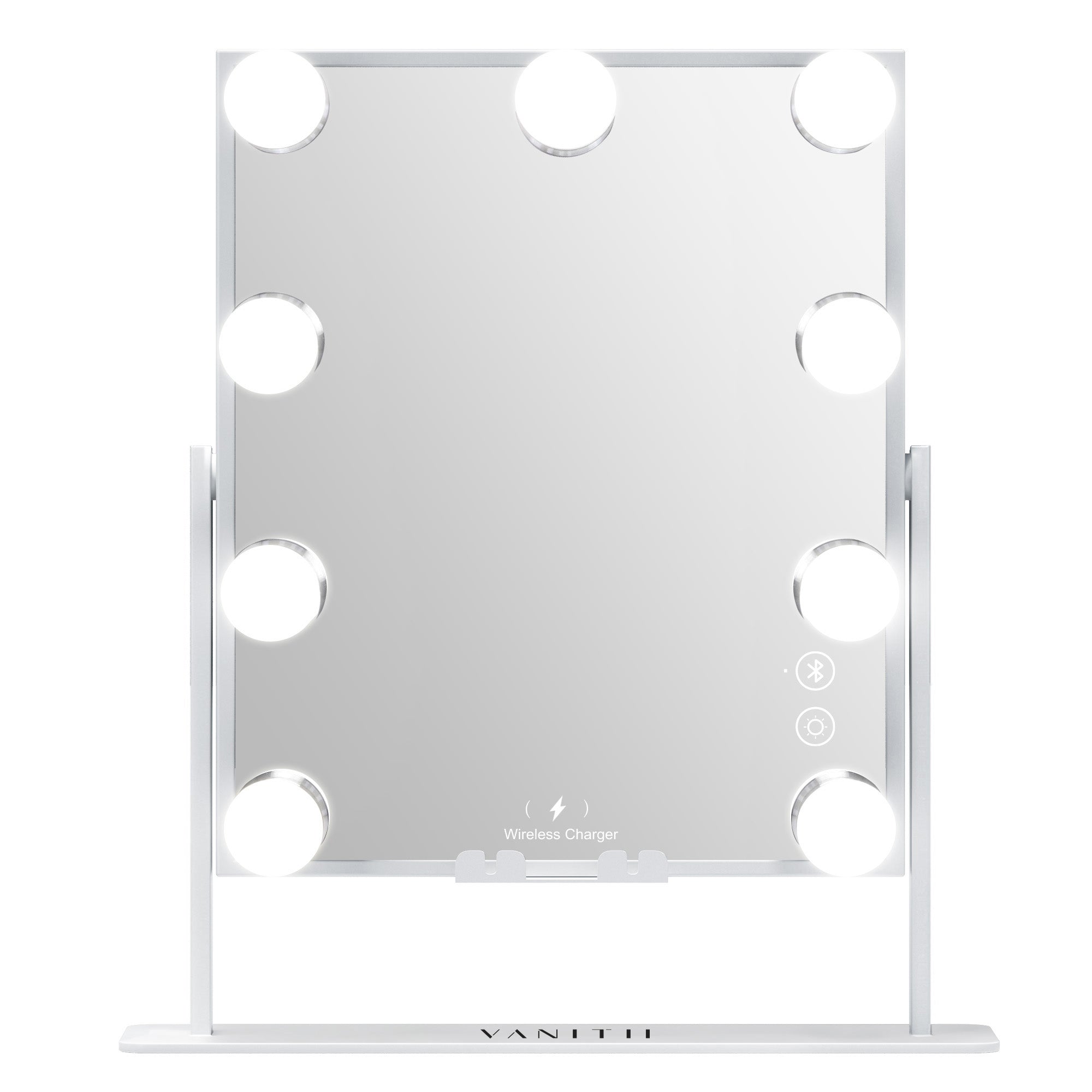 Hollywood Glow Vanity Mirror with 9 dimmable LED bulbs and wireless charging feature.