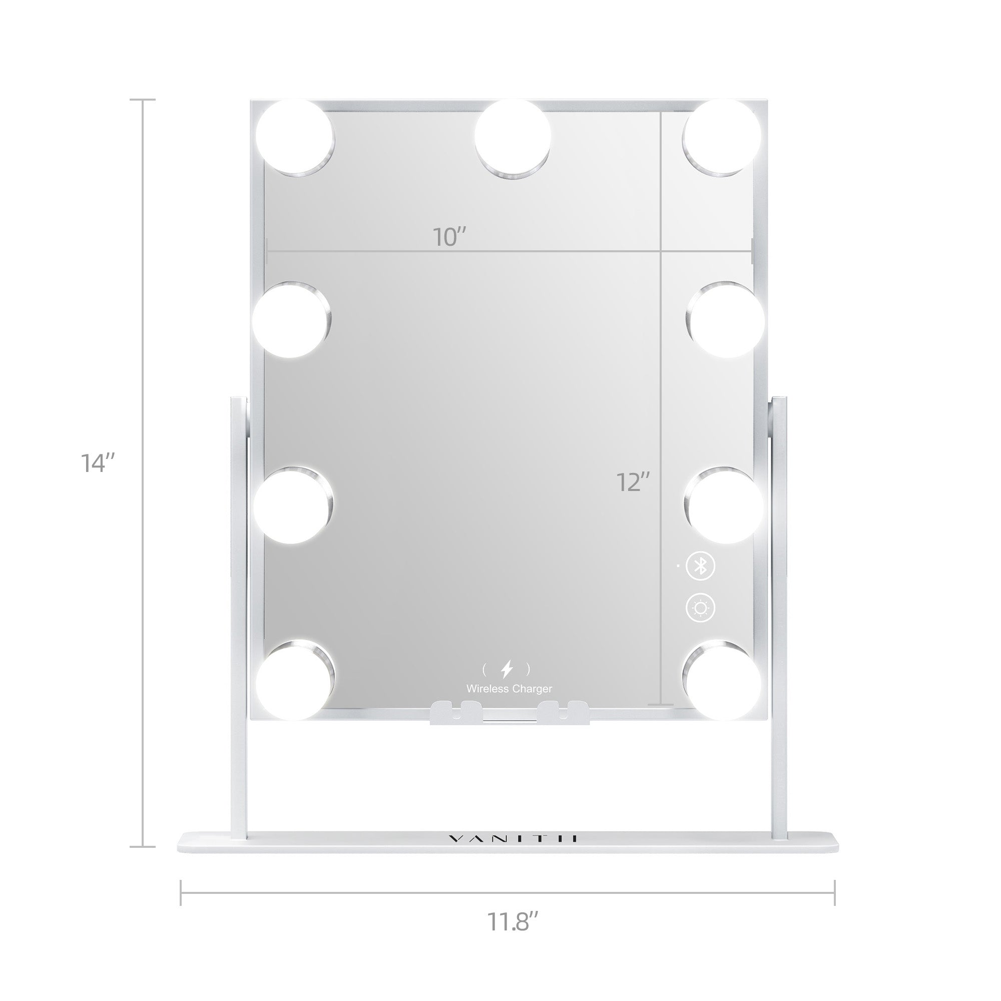 VANITII Fenair Vanity Mirror with 9 LED bulbs and wireless charger, dimensions labeled.